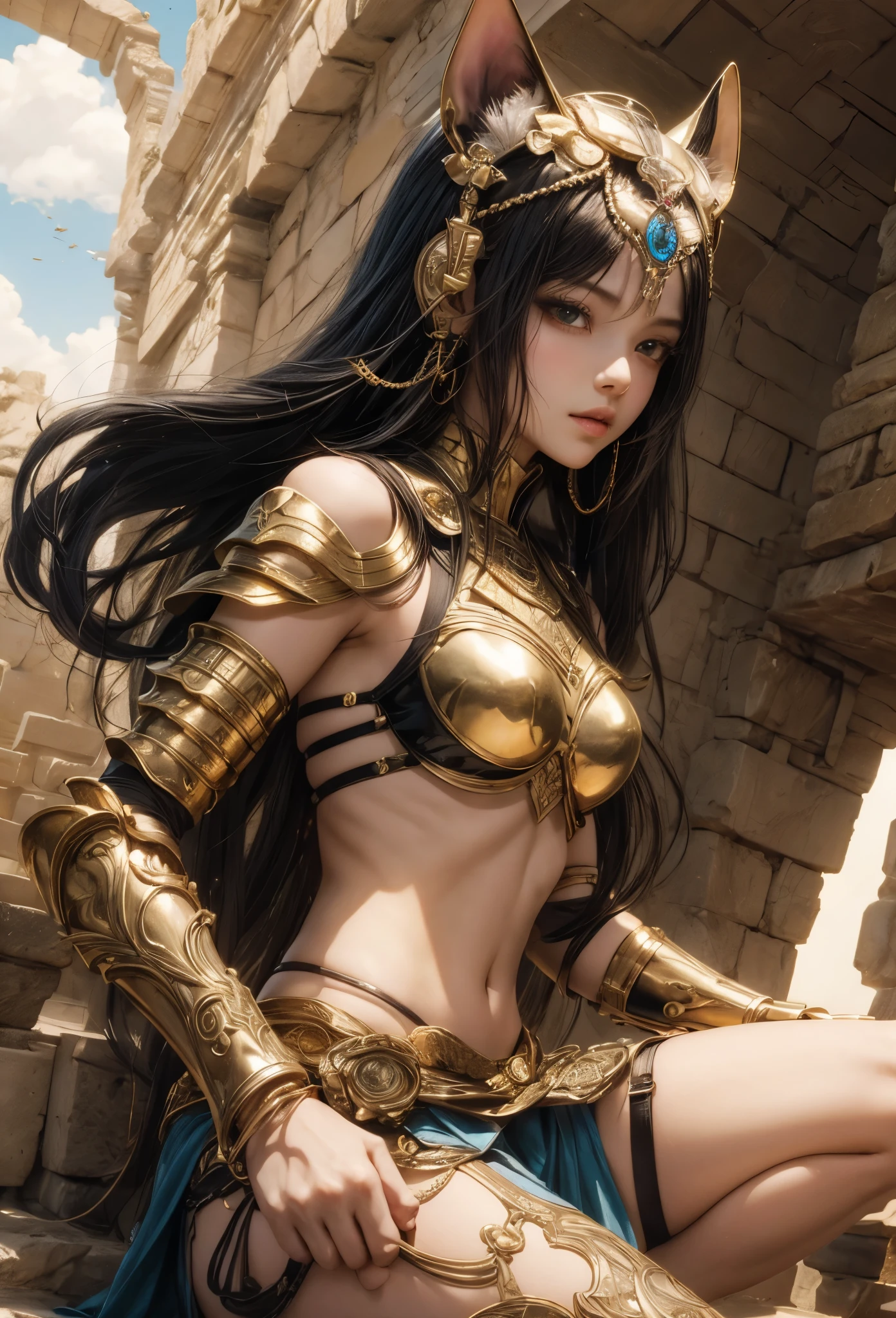 ((Highly accurate drawing in every detail)Extremely precise depiction)[High resolution],(detailed illustrations,とてもfineで緻密な描画,Delicate drawn lines with tempo,Realistic texture expression),[color traced main line],[ruins background [Ancient Egypt]],HENTAI (ANIME Girl (beautiful) ) cyborg [(tanned skin) [Lustrous black hair]],((Bastet) Beautifully decorated golden cyber armor) ([Complex decorative processing] [elegant],Gorgeous golden luster (Polished reflective luster)) [Gorgeous and luxurious],gravure,[Oparts Lost Technology [Hierograph]],(複雑でbeautiful装飾 [Dense detail]),(きめ細やかでbeautiful肌表現 [transparency]),Precisely drawn eyes[完璧な目のdetailed(Iris drawn in minute detail)(宝石のようなbeautiful瞳)],[eyes light[Pinpoint lighting for the eyes]],[長くてbeautiful睫毛],[precisely drawn hair [美しく艷やかな髪のdetailed]],(完璧な手のdetailed [破綻のないbeautiful指 [beautiful nails]]),(perfect anatomy(perfectly balanced proportions))[[full body portrait]],[[Design built to the highest level]][ideal color coordination(Accurate simulation of light and material interactions)],([Precision Detail](detailed,高fine)),[Visual art that tells a story],((highest quality)fine[[High density drawing]])(4K Quality).