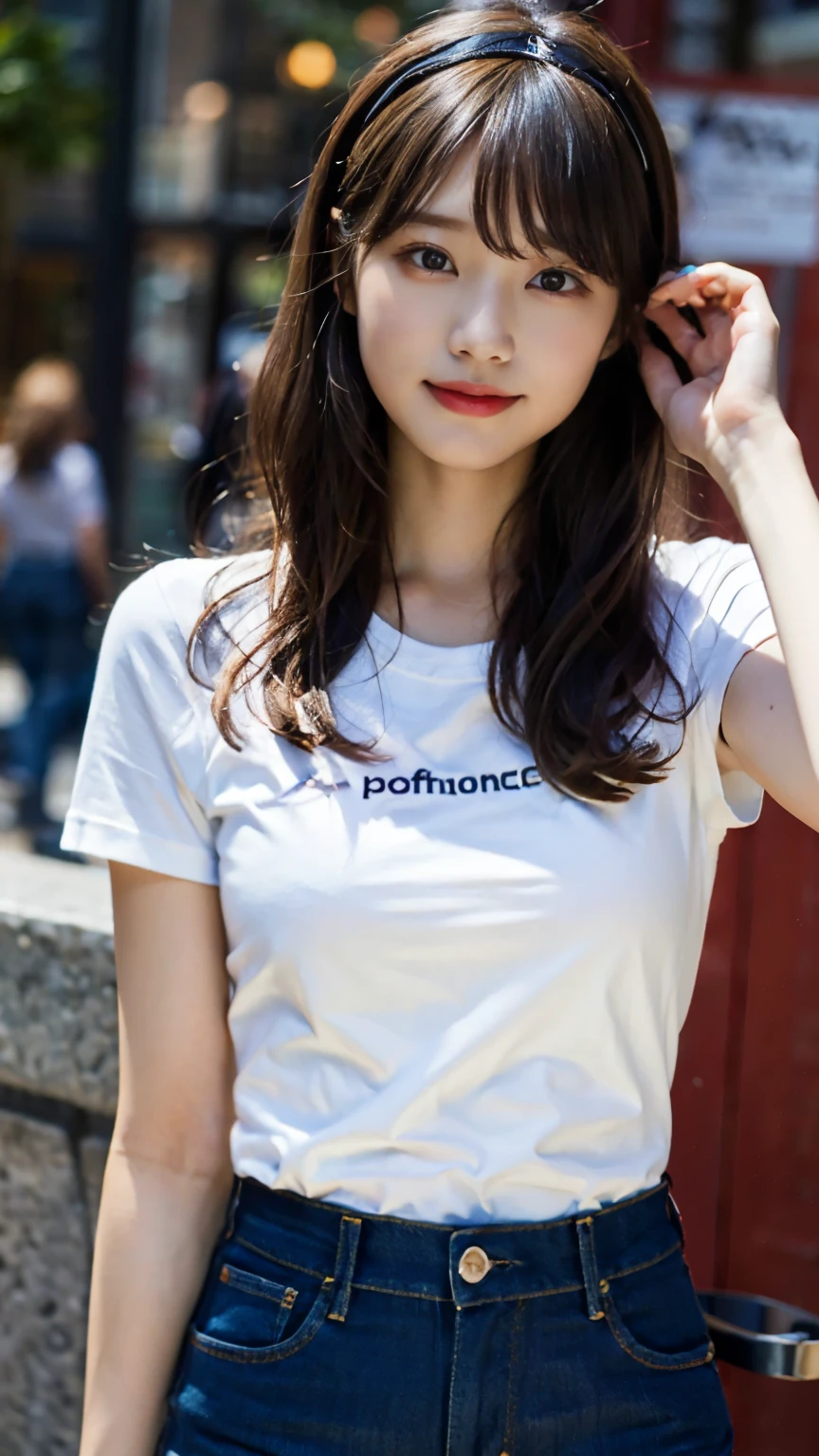 (masterpiece, best quality:1.3), (absurdres, absolutely resolution, highres, extremely detailed),BREAK(1girl, cute girl, shiny body, shiny skin, middle breasts), (black hair, long hair, hairband, black eyes), (beautiful eyes with luster reflection),BREAK(wearing performance T-shirts, jeans:1.5), (upper body:1.3),BREAK(wipe face sweat with a towel:1.1), sweat, smile, open mouth,BREAK(perfect anatomy, perfect arms, perfect hand, perfect finger, perfect legs:1.3),