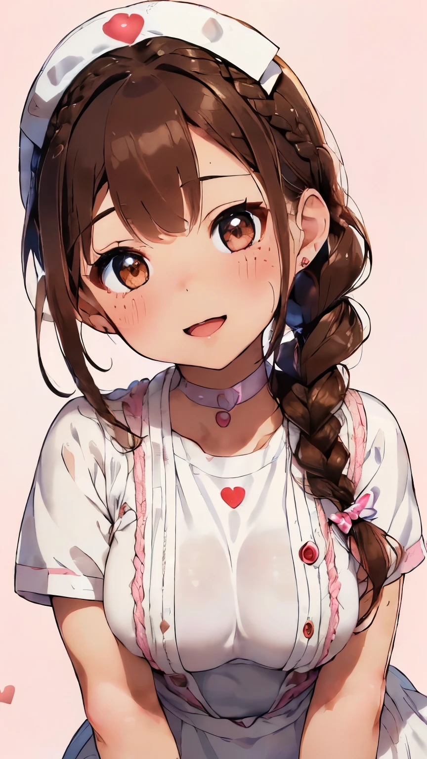 (brown hair:1.4),(brown eyes:1.4),((Braided shorthair:1.3)),((With bangs)),((Valentine:1.4)),(blush),((Gentle smile with open mouth:1.2)),((A colorful and cute world with POP:1.3)),(Soft taste:1.6),((fashion//pure white nurse costume、Glossiness:1.25)),(cute pose:1.3),(I like you so much♡:1.6),((slouch:1.3)),((tits:1.1)),(close up of face:1.2)