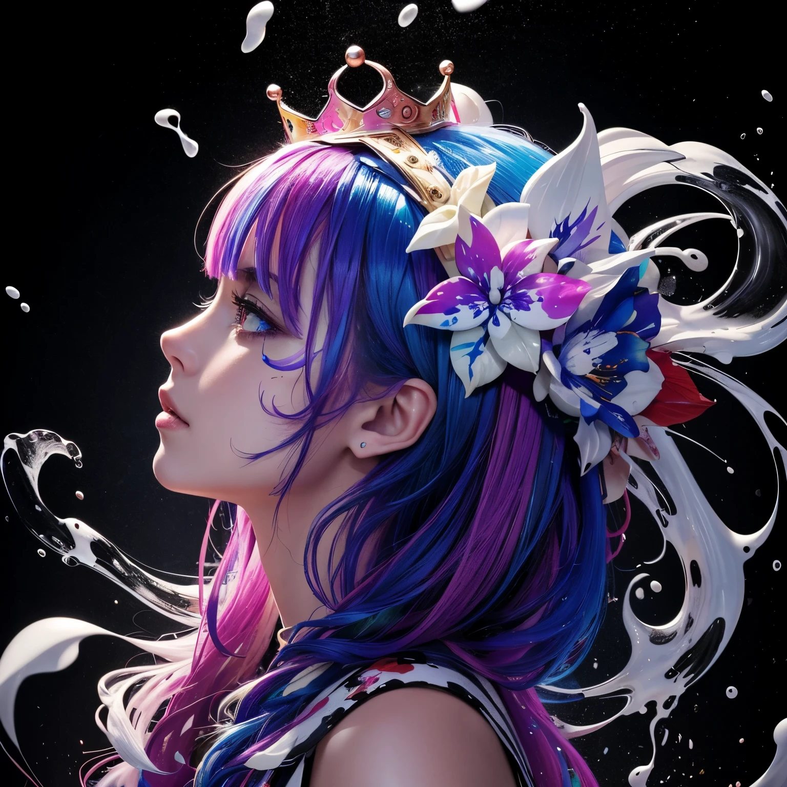 from side, best quality, 32k, RAW photo, incredibly absurdres, extremely detailed, the moment when colorful ink splashes and jumps up, milk crown, ink splatter, beautiful professional lighting