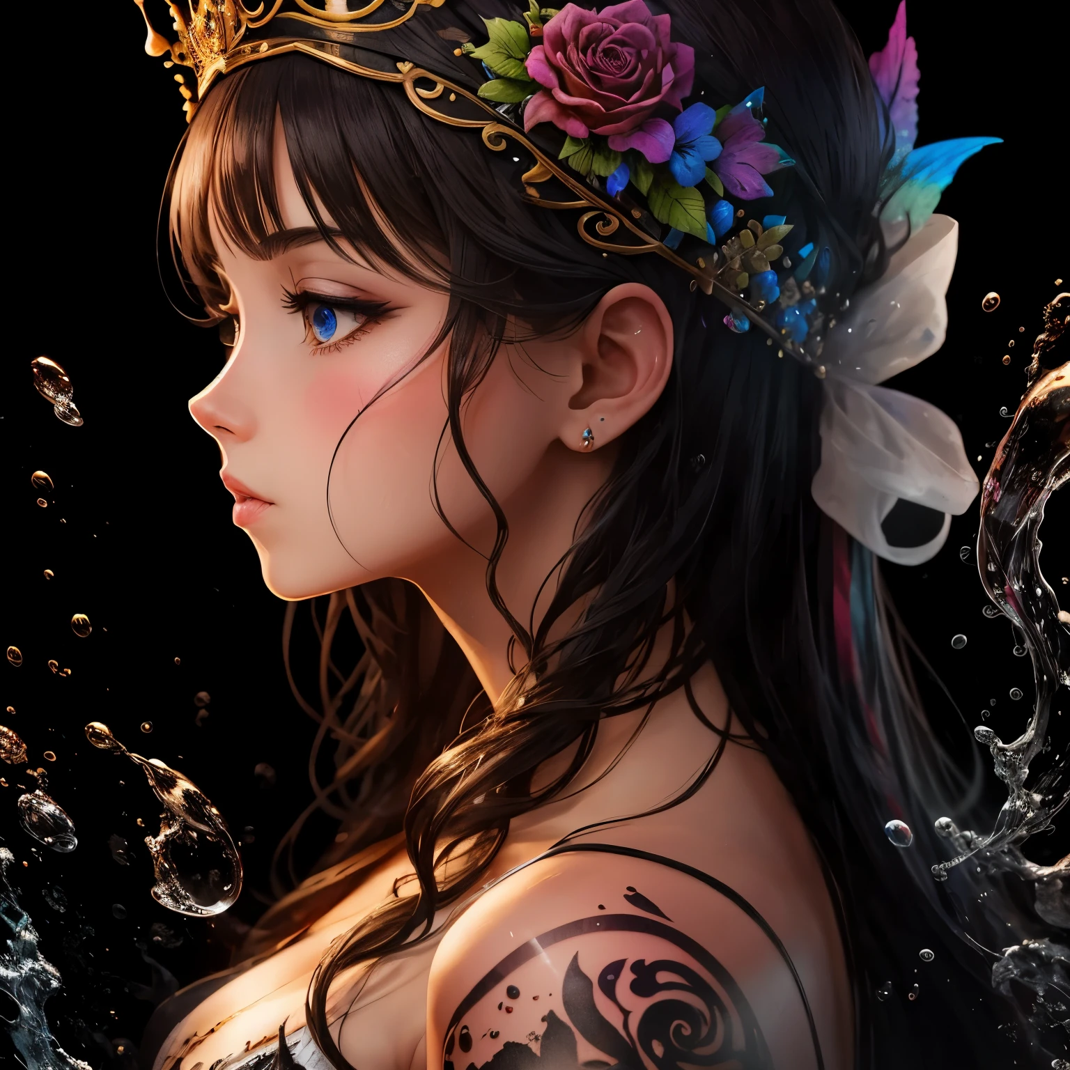 from side, best quality, 32k, RAW photo, incredibly absurdres, extremely detailed, the moment when colorful ink splashes and jumps up, milk crown, ink splatter, beautiful professional lighting