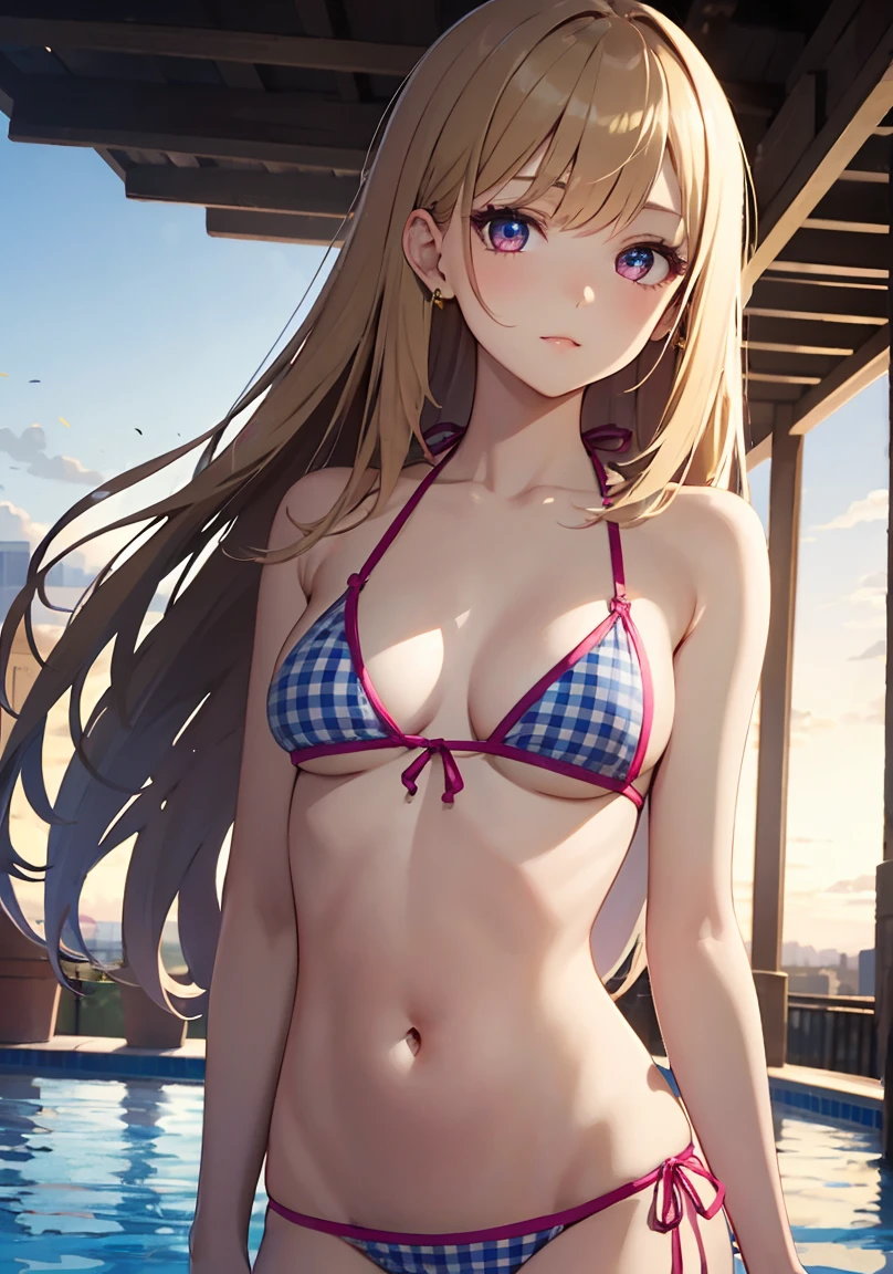 masterpiece, absurdres, best quality, ultra detailed, high Resolution, detailed illustration, extremely beautiful detailed face and eyes, Delicate beautiful face, bright colour, 1girl, cute face, magenta eyes, sparkling eyes, big eyes, medium breasts, (perky breasts:1.1), (pointy breasts:1.1), medium hips, glamorous body, white skin, happy, BREAK, long bob cut, (blonde hair:0.8), messy hair, detailed hair, shiny hair, BREAK gingham check Bikini, tiny ribbon, night pool, real world, natural lights, perfect lighting, outdoor,