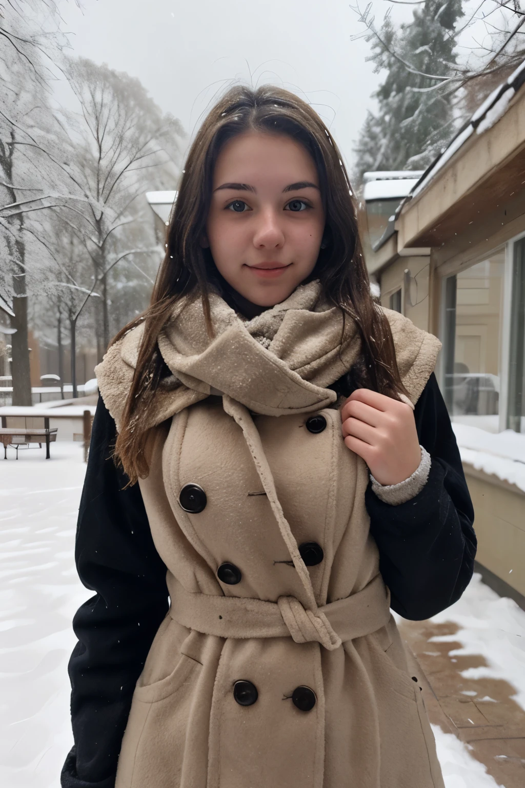 An 18 year old brunette woman with a medium bust in a winter outfit in the snow