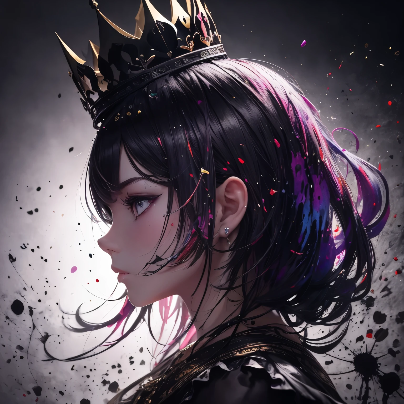 from side, best quality, 32k, RAW photo, incredibly absurdres, extremely detailed, the moment when colorful ink splashes and jumps up, ink crown, ink splatter, beautiful professional lighting