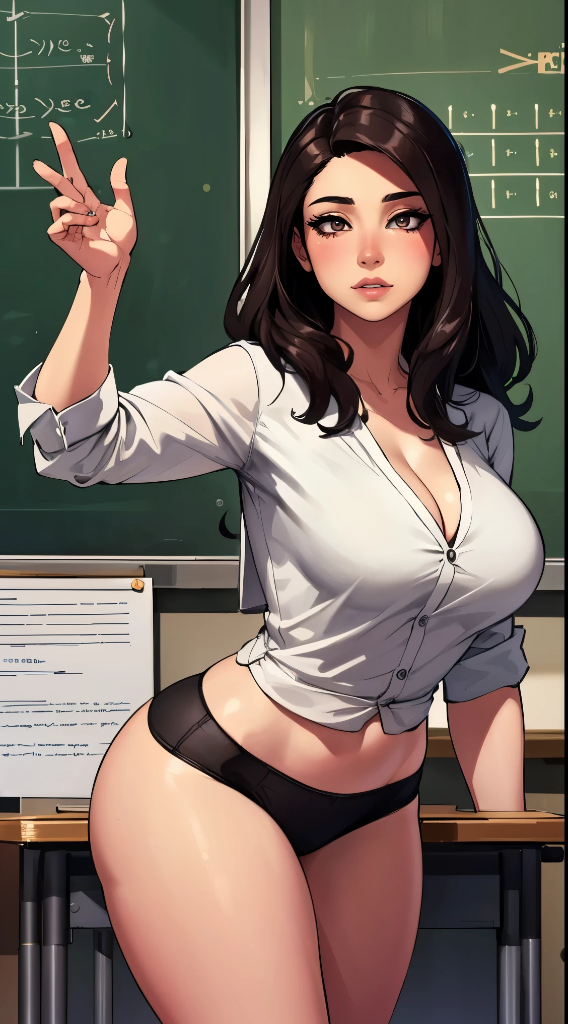 (best quality,4k,8k,highres,masterpiece:1.2),ultra-detailed,(realistic,photorealistic,photo-realistic:1.37),Nezuko Kamado,sexy seductive teacher,beautiful detailed eyes,beautiful detailed lips,long eyelashes,long dark hair,slim and curvy body,cleavage,revealing clothes,short skirt,provocative underwear,confident posture,teaching sex education,classroom setting,blackboard,books and papers,students paying attention,engaged and interested expression,focused and professional teaching,education posters on the wall,vivid colors,studio lighting,soft and warm color tones,gentle and inviting atmosphere