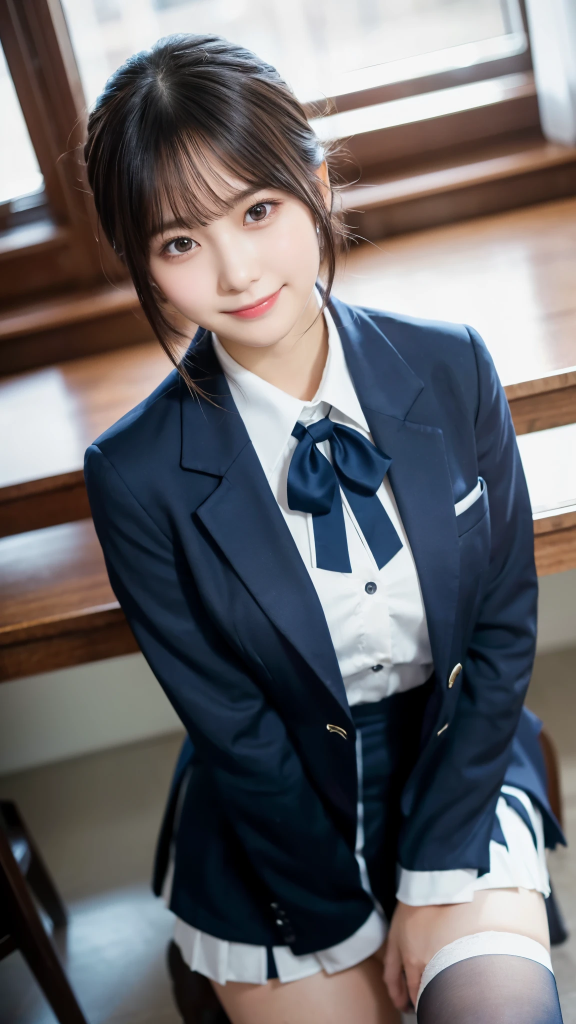 (highest quality,masterpiece:1.3,ultra high resolution),(Super detailed,caustics,8k),(photorealistic:1.4,RAW shooting),front shot,classroom,Chairに座る女の子,forward leaning posture,machine,Chair,18-year-old,cute,black short hair,Smiling and looking at the camera,Navy blue blazer uniform,ribbon,white blouse,pleated skirt,black tights,thigh focus,Thigh close-up,low position,Low - Angle,cowboy shot,Natural light