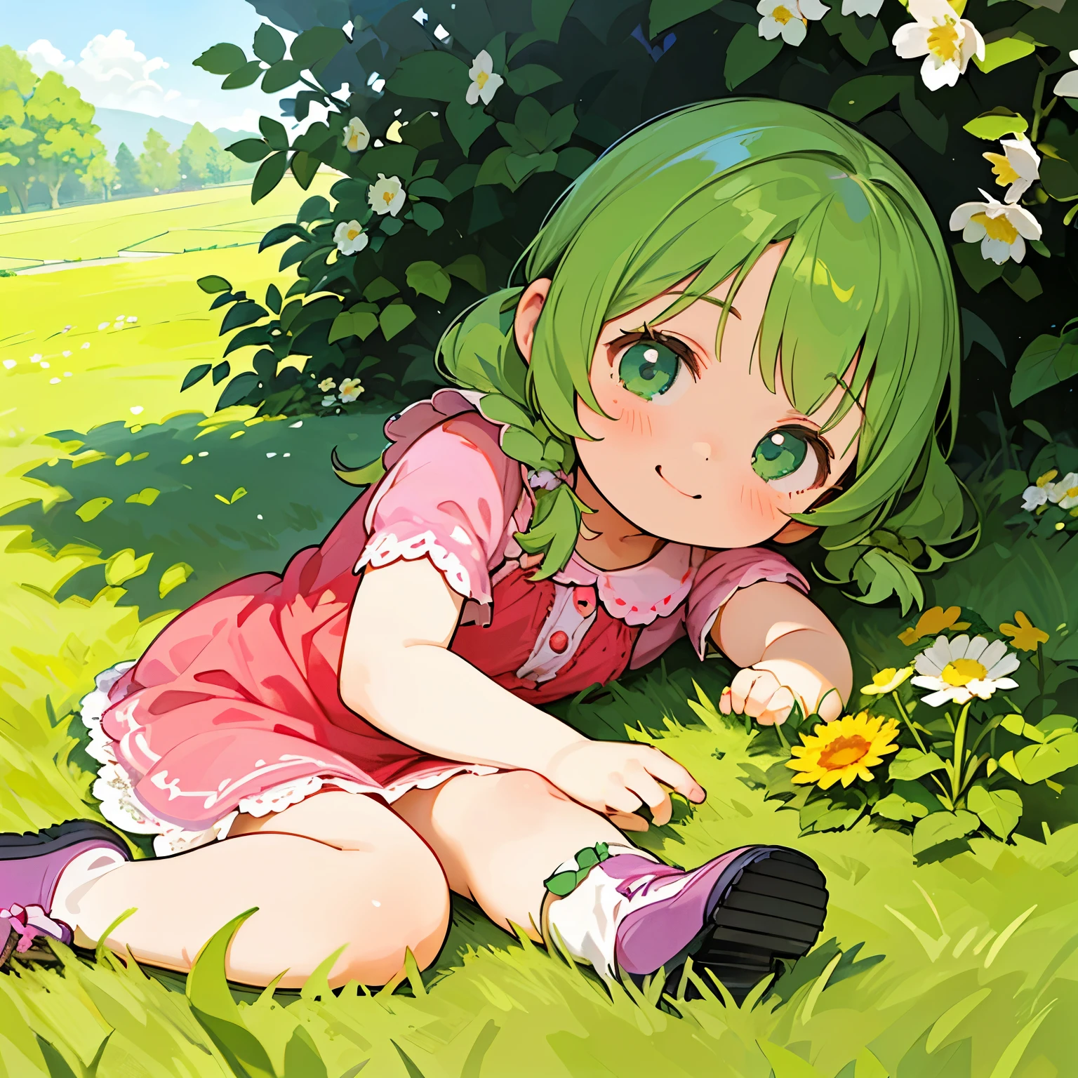 (photorealistic:1.37)、octane rendering、Morning park、Strawberry dress、Girl has twin tail hairstyle and smiles、Bright colors、soft sunlight、beautiful flower、green grass、playful atmosphere、peaceful environment、detailed texture、Bright colors、cute shoes with accessories、He looks happy