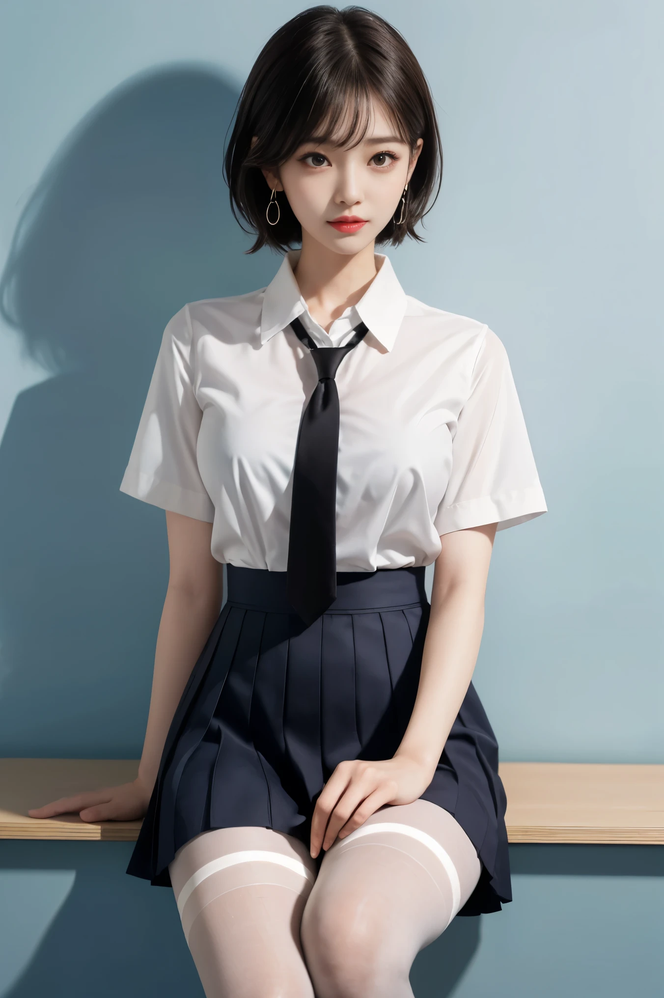 korea 、summer shirt、tight shirt、ribbon tie、skirt side、schools、schools 계단、Emphasize your chest with both arms、Slender big、8K original photo、highest resolution、age up:18 、Japanese、Eyes of Wound、Very large and round breasts、Beautiful eyes are depicted in detail、long eyelashes、beautiful double eyelids、eye shadow、eye line、Slender eyes、elongated eye shape、Sanpaku Snow、pretty and thin legs、pretty and thin thighs、random shorthair、Tie your hair behind your head、earring、light brown hair、(Wearing pantyhose)、Thighs are erotic、laugh、The mouth opens slightly