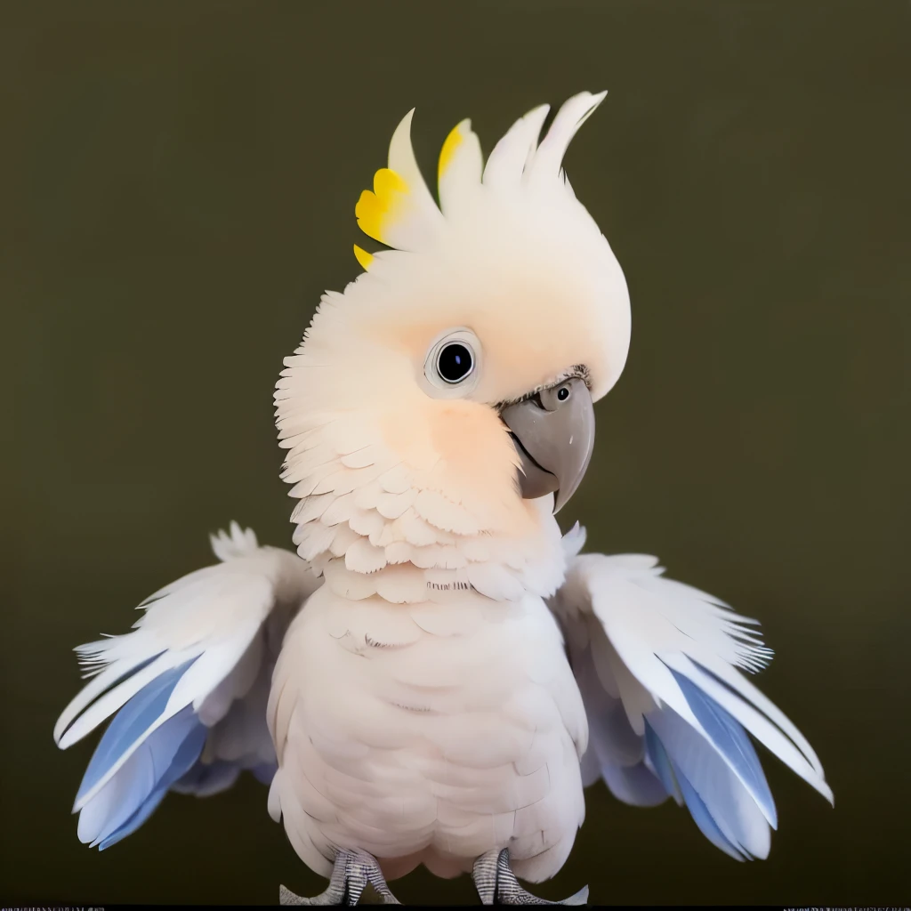 Alafi with yellow and white feathers on its head, arrogant, 拿着喇叭的美冠parrots, full body made of white feathers, feathery down, parrots on head, arrogant expression, feathered head, parrots, feathered, feather wings, bird, covered with feathers, wearing crown of bright feathers, Close-up portrait shot