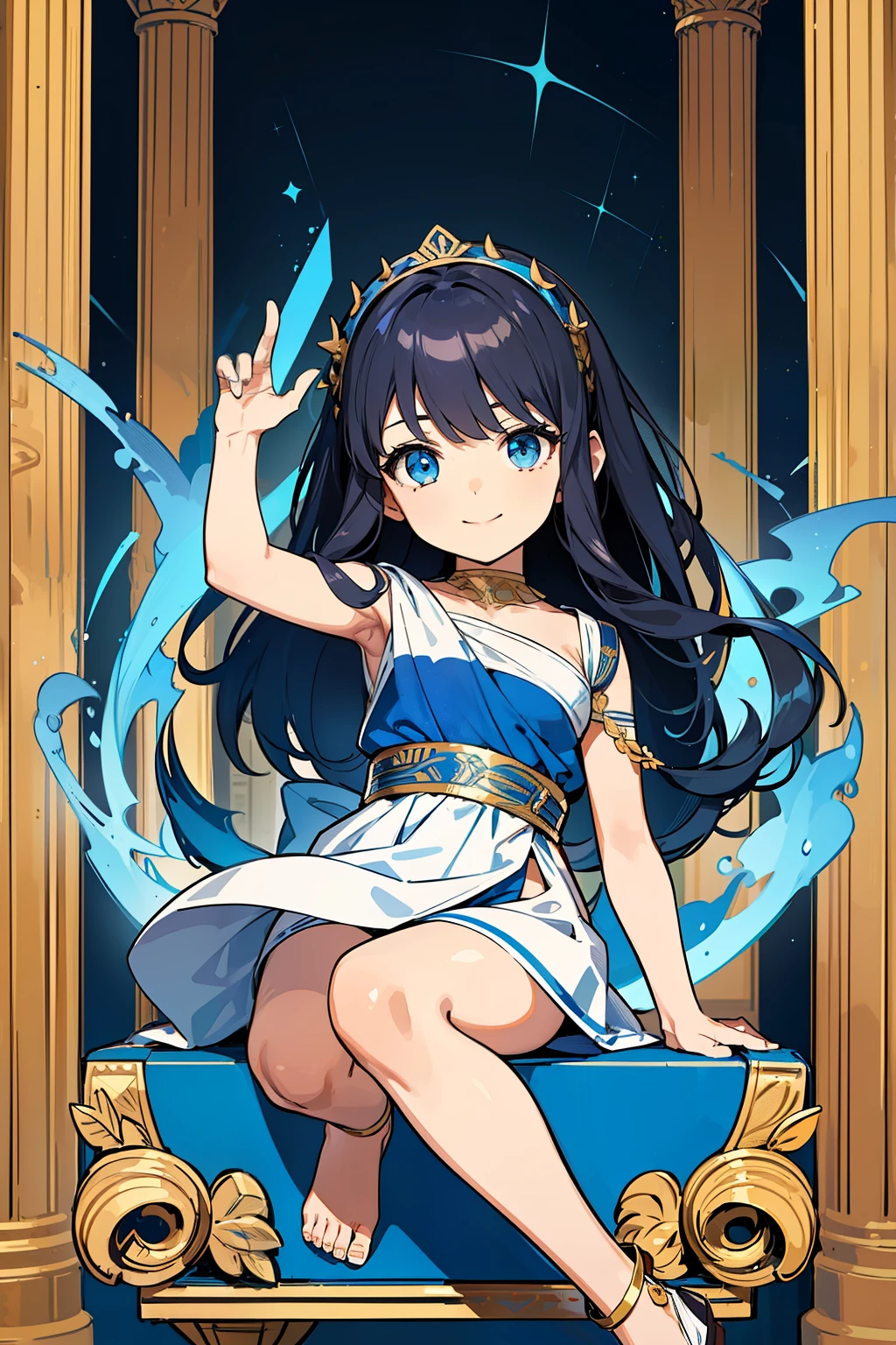 (high-quality, breathtaking),(expressive eyes, perfect face) 1girl, girl, solo, young kid, black hair, blue coloured eyes, stylised hair, gentle smile, medium length hair, loose hair, side bangs, curley hair, really spiky hair, spiked up hair, looking at viewer, portrait, ancient greek clothes, blue black and white tunic, white Chlamys, sleeveless, greek, blue and gold sash, music inspired background, , 36½ inches tall, chibi art style, related to Orpheus
