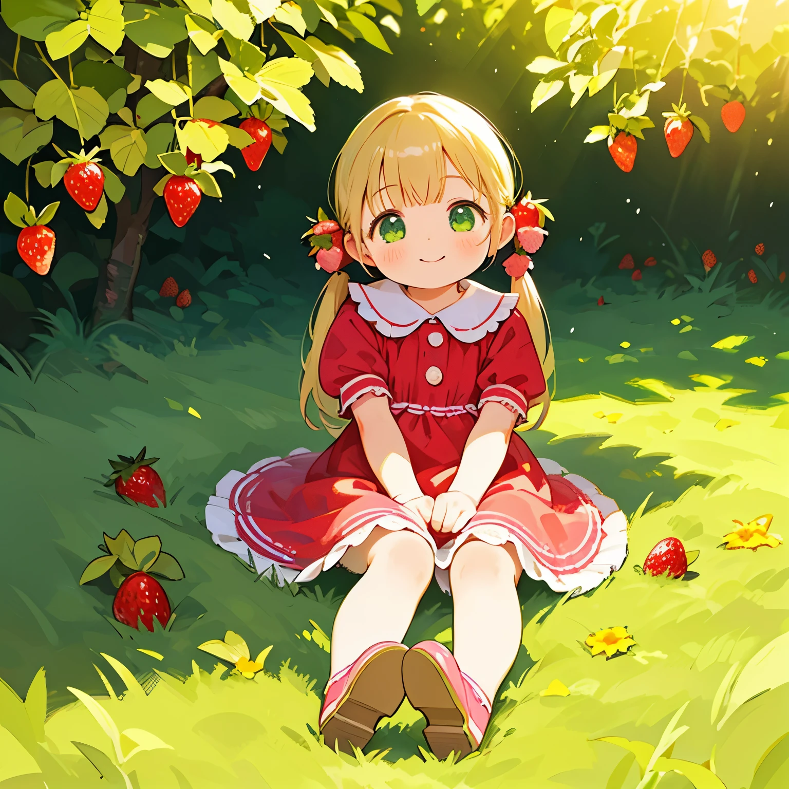 (photorealistic:1.37)、octane rendering、Morning park、Strawberry dress、Girl has twin tail hairstyle and smiles、strawberries fall from the sky、Bright colors、soft sunlight、beautiful flower、green grass、playful atmosphere、peaceful environment、detailed texture、Bright colors、cute shoes with accessories、He looks happy