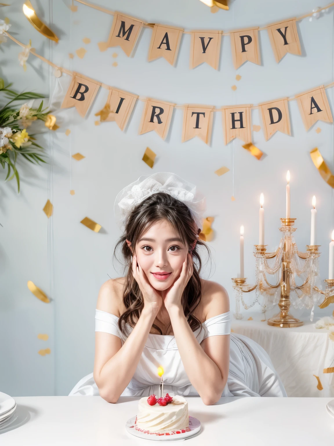 Woman in white dress sitting at table,Make a wish on the birthday cake, Happy birthday, Product introduction photos, Birthday parties, Photos taken with Canon 5D, Shot with Canon EOA 6d mark ii, eating a cake, Product photography, Photographed with sigma f / 4. 2, Photographed with sigma f/ 4.2
