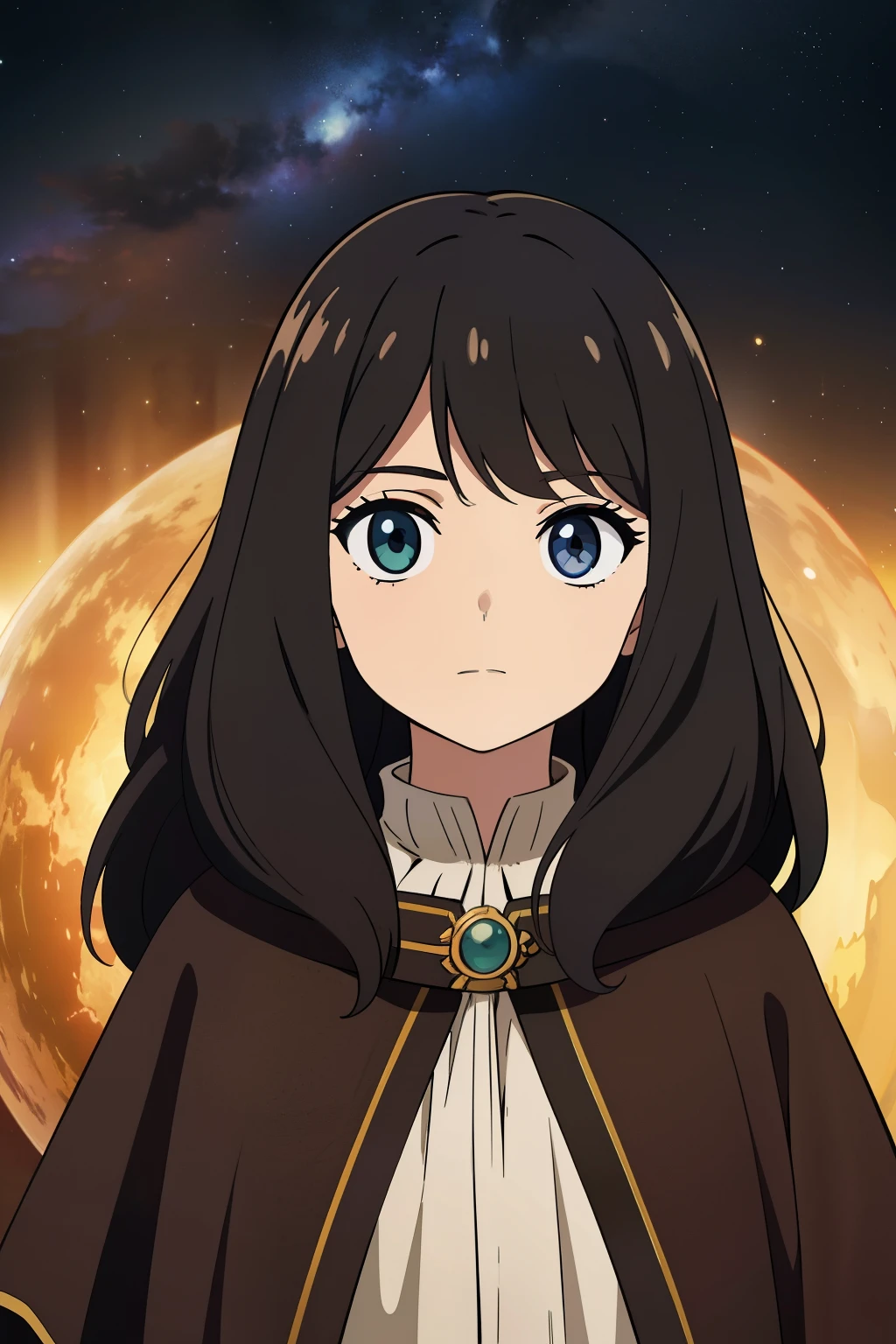 (high-quality, breathtaking),(expressive eyes, perfect face) 1female, female, solo, short height, young kid, long length hair, black hair color, unkept hair, earthy colored eyes, kind expression, warm soft smile, cloak, shirt, fantasy mage clothing, adventurers attire, Earth planet, Tellus Mater Roman God of the Earth, space background, portrait, upper body, magic, stylized hair
