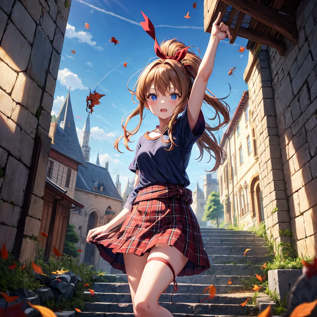 reddish-brown blonde、blue hair、blue eyes、ponytail、one good looking girl、solo、anime、Plaid miniskirt、camisole、black t-shirt、Tilting your face、Doing the ribbon、Ribbon at waist、sunset sky、broken stone steps、Remains、tunnel、Fallen leaves、Light and shadow、monster castle、corridor、One leg is raised、pinwheel、castle floating in the air、column、Jewelry box、flag、dust is flying、forest、Hand mirror