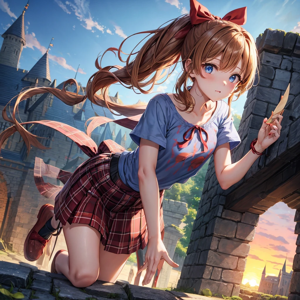 reddish-brown blonde、blue hair、blue eyes、ponytail、one good looking girl、solo、anime、Plaid miniskirt、camisole、black t-shirt、Tilting your face、Doing the ribbon、Ribbon at waist、sunset sky、broken stone steps、Remains、tunnel、Fallen leaves、Light and shadow、monster castle、corridor、One leg is raised、pinwheel、castle floating in the air、column、Jewelry box、flag、dust is flying、forest、Hand mirror