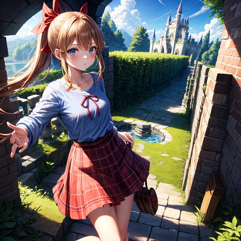 reddish-brown blonde、blue hair、blue eyes、ponytail、one good looking girl、solo、anime、Plaid miniskirt、camisole、black t-shirt、Tilting your face、Doing the ribbon、Ribbon at waist、sunset sky、broken stone steps、Remains、tunnel、Fallen leaves、Light and shadow、monster castle、corridor、One leg is raised、pinwheel、castle floating in the air、column、Jewelry box、flag、dust is flying、forest、Hand mirror