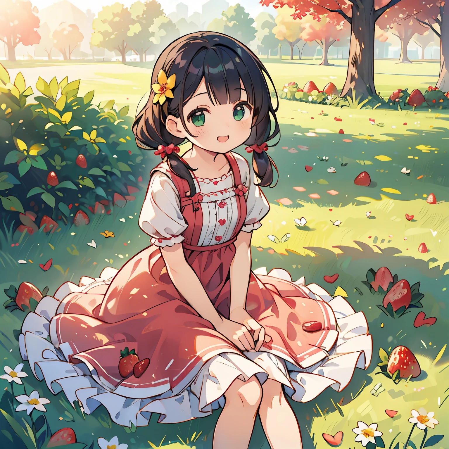 (photorealistic:1.37)、octane rendering、Morning park、Strawberry dress、Girl has twin tail hairstyle and smiles、strawberries fall from the sky、Bright colors、soft sunlight、beautiful flower、green grass、playful atmosphere、peaceful environment、detailed texture、Bright colors、cute shoes with accessories、He looks happy