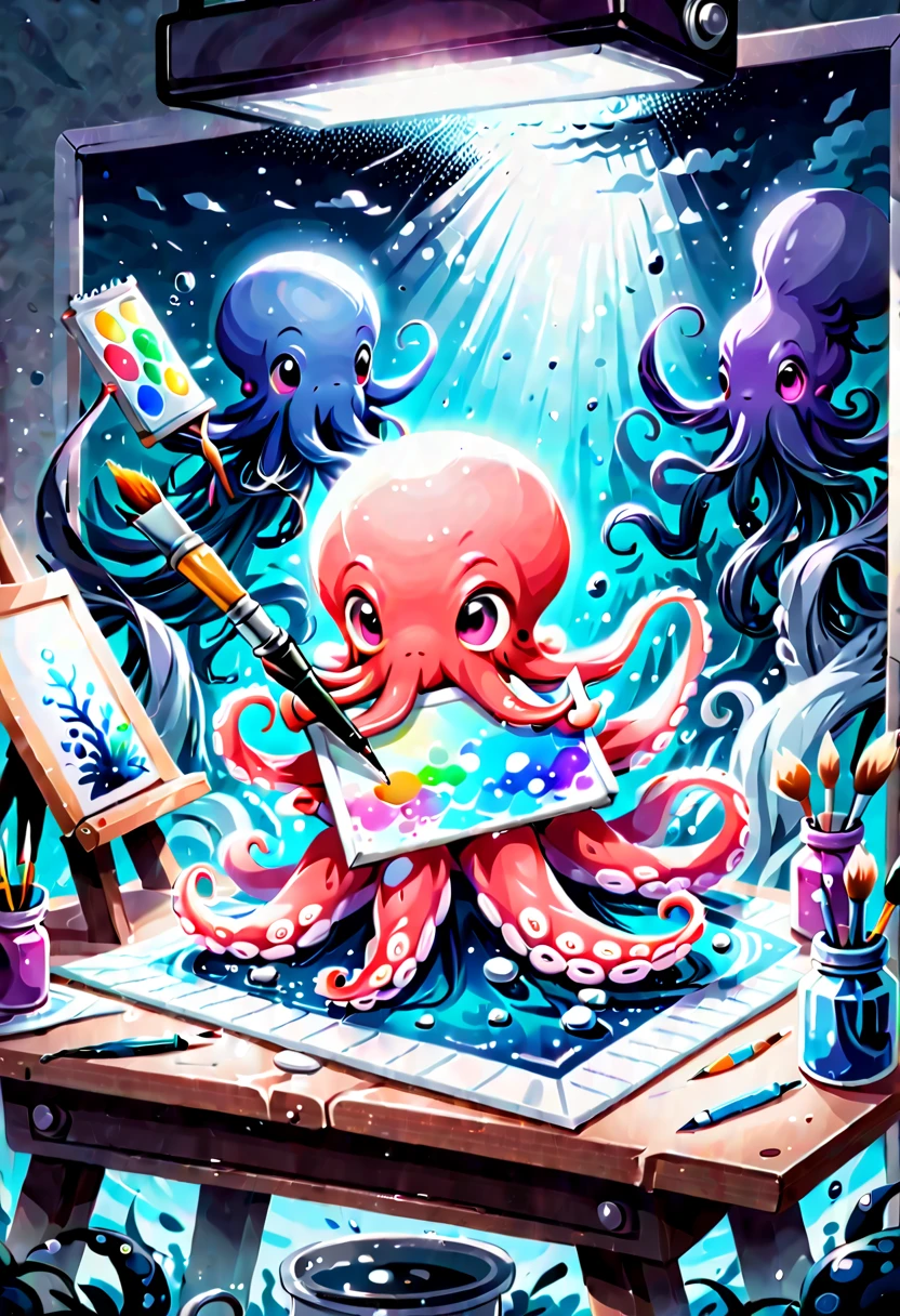 Illustrated style and whimsical atmosphere，an underwater world，((1 cute octopus holding a paintbrush and drawing pictures on the drawing board:1.5))，((油画颜料和彩色ink的强烈飞溅效果:1.6))，(More ink splatter effects on the canvas and octopus)，(Character covered in ink liquid splatter), (Underwater world background，Splashed ink，ink)，The octopus should look happy doing its art，Surrounded by a vibrant aquatic environment filled with coral and marine life。(vector illustration:1.2)