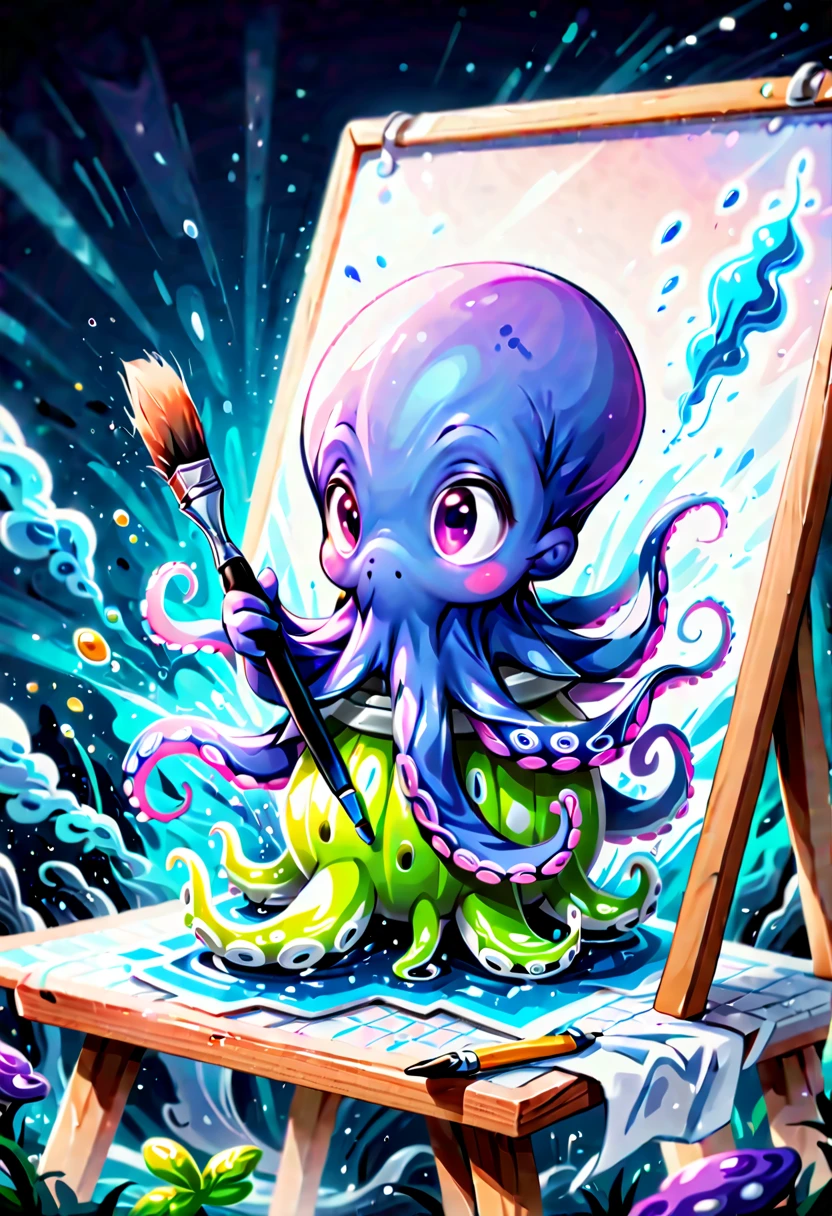 Illustrated style and whimsical atmosphere，an underwater world，((1 cute octopus holding a paintbrush and drawing pictures on the drawing board:1.5))，((油画颜料和彩色ink的强烈飞溅效果:1.6))，(More ink splatter effects on the canvas and octopus)，(Character covered in ink liquid splatter), (Underwater world background，Splashed ink，ink)，The octopus should look happy doing its art，Surrounded by a vibrant aquatic environment filled with coral and marine life。(vector illustration:1.2)