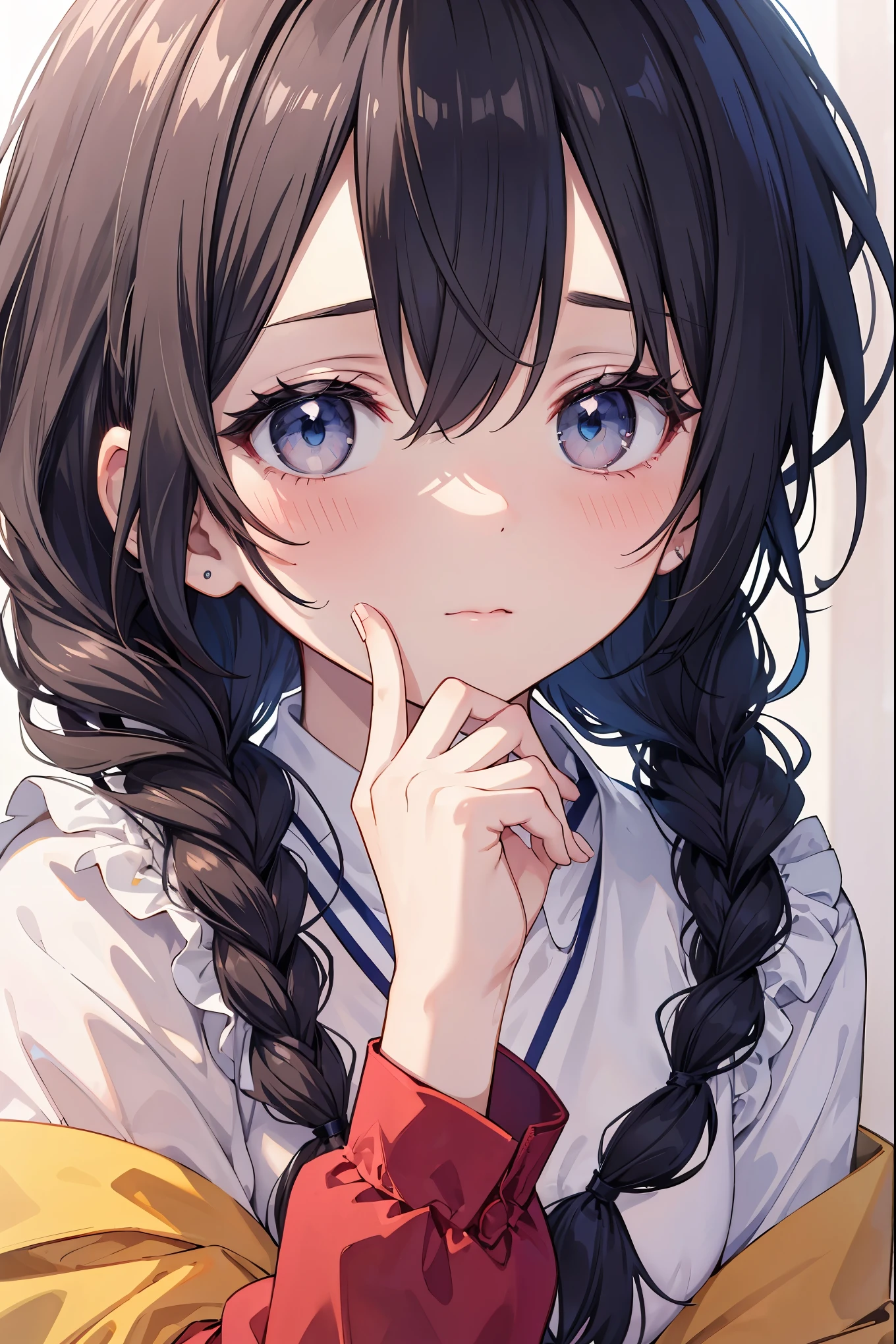 Top Quality, Masterpiece, High Resolution, 8k, Pastel Colors, Anime Style Girl, Light Clothing, One Girl, (Covered One's Cheek with One's Hands): 1.4, Blush, Detailed Line Art, Bright White and Bright Amber Style, Digital Enhancement, Anime Core, Flowing Fabric, Close Up, Hair Length and Short Braids to Shoulder Opening, Beautiful Black Hair, Bust-up