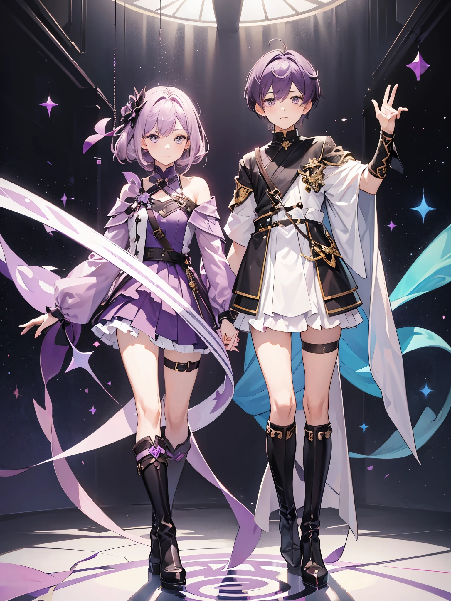 1boy, mauve hair, amethyst eyes, ((full body)), ((idol)), ((crossdressing)), long boots