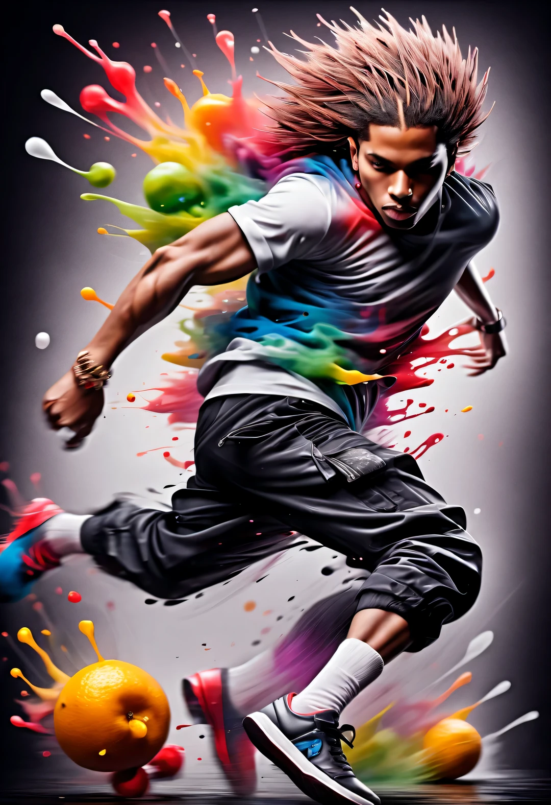 scribble art,ink splatter,wilderness,splash ink画,abstract,colorful,Vague dreams,Dynamic energy,publish creation,visual impact,modern aesthetic,Elegant and simple,Contemporary interpretation,be bold,black background,splash ink, patrick muciano style, (spicy ink, Patrice Musciano style (A little hedgehog running with lots of fruits on its back: 1.3), sweaty, Slim, inked-art, side view, Hip hop fashion design style,: 1.3), inked-art, side view, Hip hop fashion design style,,The moment when ink splatters,Stir up huge colorful waves,Gorgeous