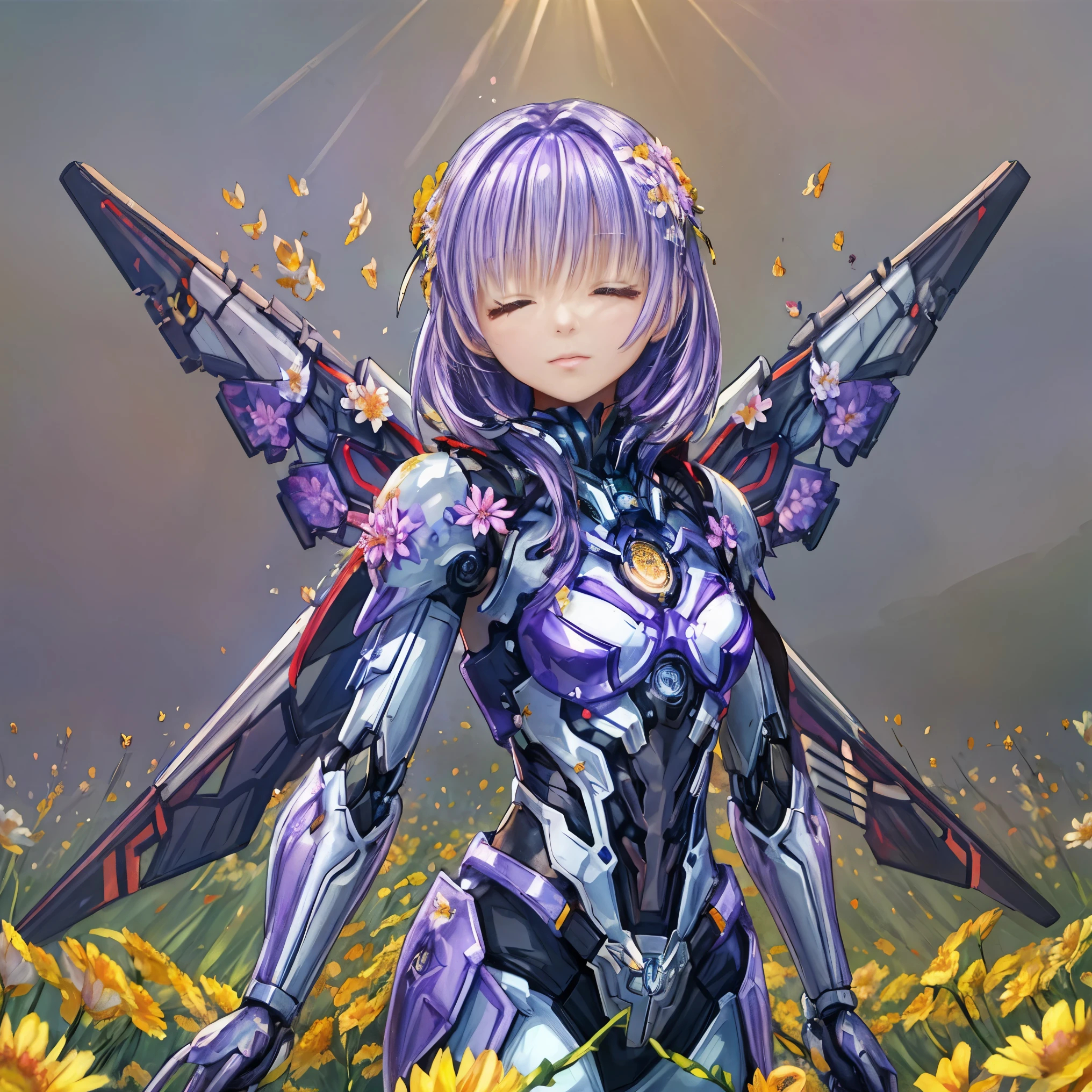 masterpiece, highest quality), (1Mechanical girl), (Close ~ eyes), Mechanical arms, Upper body, Super detailed, very detailed, cinematic lighting, intricate details, colorful butterflies, (flowers growing on the Mechanical body), (vines connected to the body), (Detail of damaged cape), Mecha, robot, Dense shiny armor, (warm light), (specular light:1.2), (flowerfield background:1.4), (Luminous runes), light purple hair