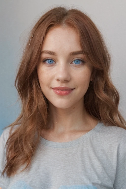 Beautiful 25 year old redhead woman with long wavy hair, symmetrical face,light grey/blue eyes, well detailed eyes,full lips,(lip gloss), smile, slim body, thin T-shirt, masterpiece,solo