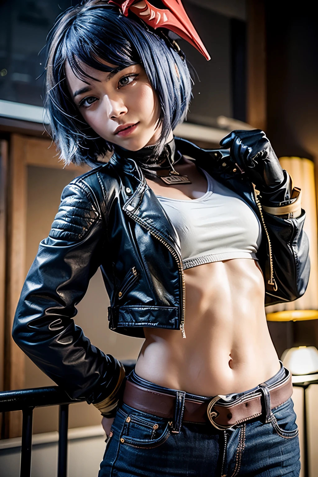 1girl, mask on head, blue hair, short hair, yellow eyes, ((leather jacket, crop top, long blue jeans, heels)), iron belt, ((bare midriff, navel, upper body)), high quality, night, town, standing, smile, looking at viewer