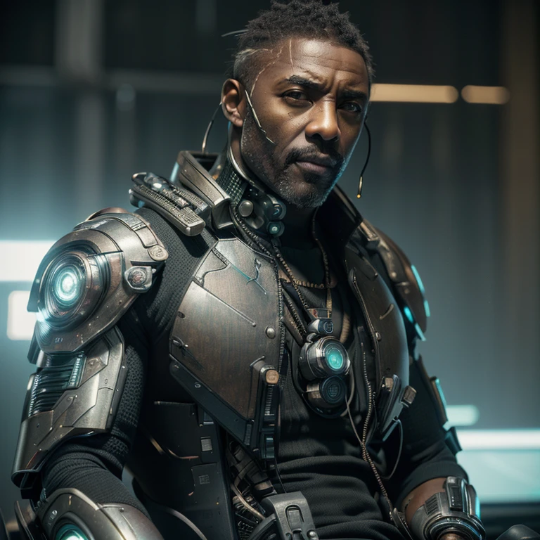 ((masterpiece, highest quality, hires, amazing detail, 8k, best quality, dynamic angle)), cinematic, portait, closeup shot of middle aged man / idris elba /, wearing highly damaged battlesuit, perfect facial hair, scars, cybernetic implants, shirow masamune, ghost in the shell, gantz, gritty, cyberpunk background, muted colours