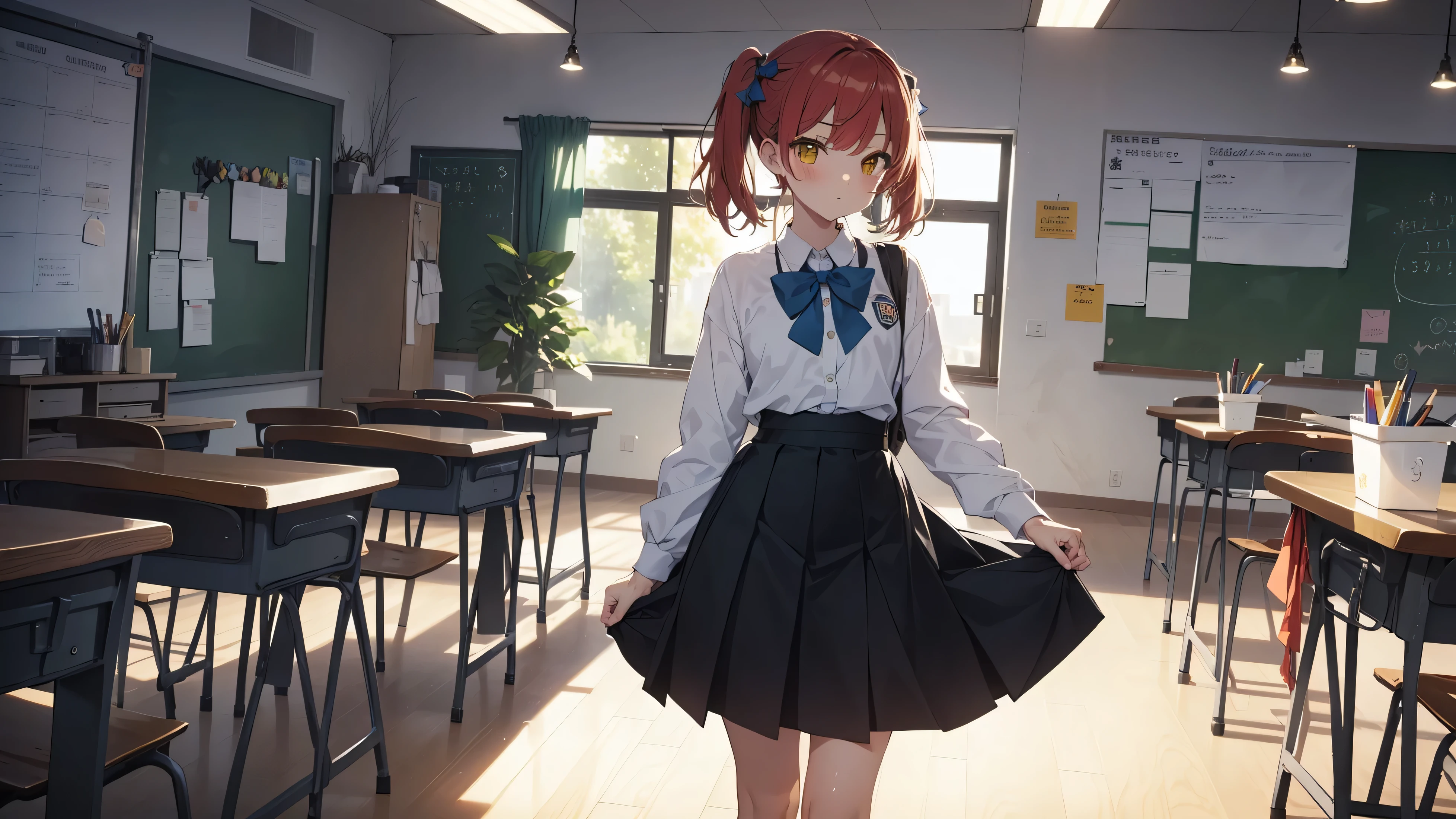 ((top quality, ultra-detailed, high resolution, extremely detailed CG, unity 8k wallpaper, by famous artist, perfect anatomy, super detailed skin, cinematic lighting, UHD, retina, anatomically correct, 1080P)), (Please draw a single one sad girl walking in a classroom school :1.3), ((1girl)), (Solo, face,13-year-old:2.0), a junior high school student, androgynous charm, (Medium hair, full red hair (redhead), pigtails, straight bangs, with a little bow), Full limbs, complete fingers, ((perfect fingers)), flat chest, childish body, small butt, groin, Beautiful detailed full yellow gold eyes, disgusted eye, perfect eyes, sailor school uniform white and blue (The blouse is typically white, skirt is blue) (Detailed Lighting), (Detailed background), (in the school zone), full body view, standing, legs, uwabaki shoes. Cute, kawaii single girl (one girl), full body shot. Background is the school, front body