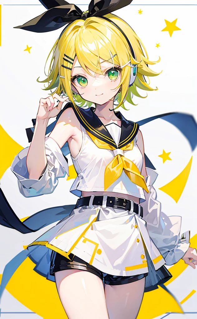 top-quality、super precision、Onegirl、(kagamine_Rin)、Green eyes、Cute  s、Shorthair、White hair ribbon、hair clips、headphones、a blond、a sailor suit、Black shorts、a belt、Yellow neckerchief、Sleeveless、ssmile、High school students、Older sister、white backgrounid  big breast