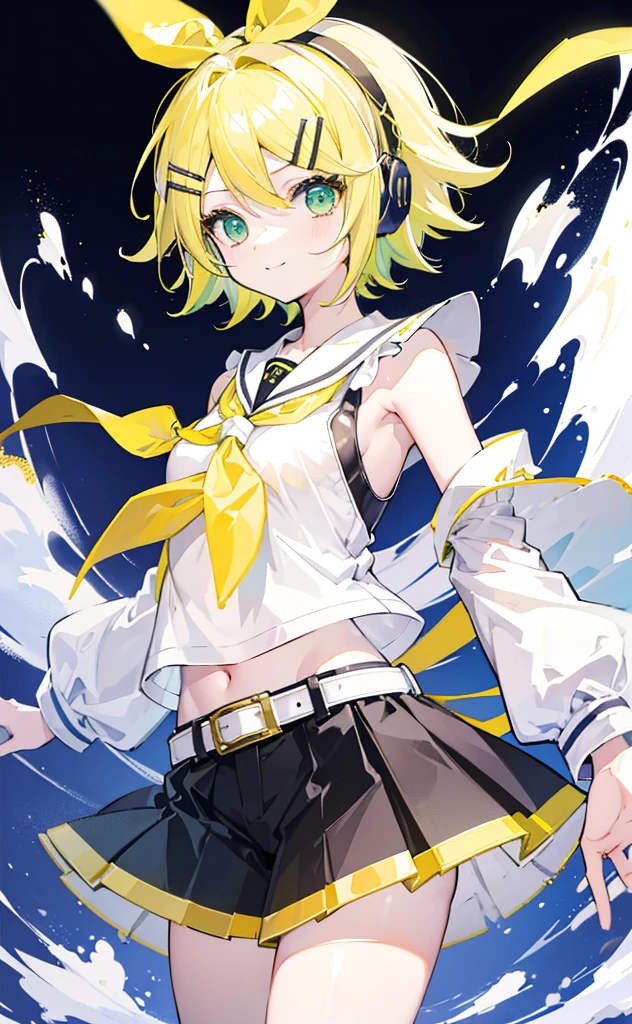 top-quality、super precision、Onegirl、(kagamine_Rin)、Green eyes、Cute s、Shorthair、White hair ribbon、hair clips、headphones、a blond、a sailor suit、Black shorts、a belt、Yellow neckerchief、Sleeveless、ssmile、High school students、Older sister、white backgrounid big breast