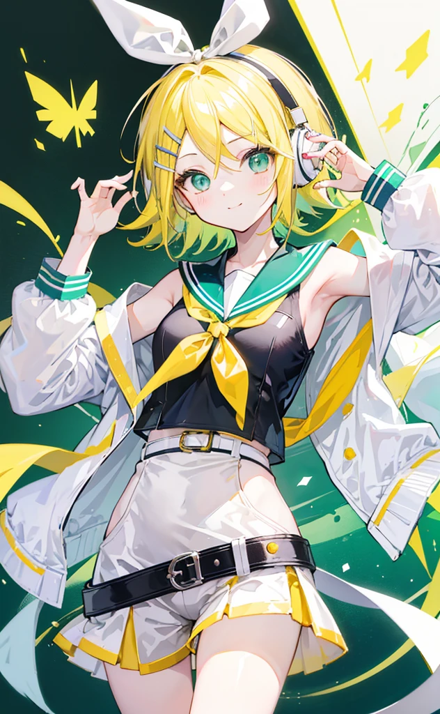 top-quality、super precision、Onegirl、(kagamine_Rin)、Green eyes、Cute s、Shorthair、White hair ribbon、hair clips、headphones、a blond、a sailor suit、Black shorts、a belt、Yellow neckerchief、Sleeveless、ssmile、High school students、Older sister、white backgrounid big breast
