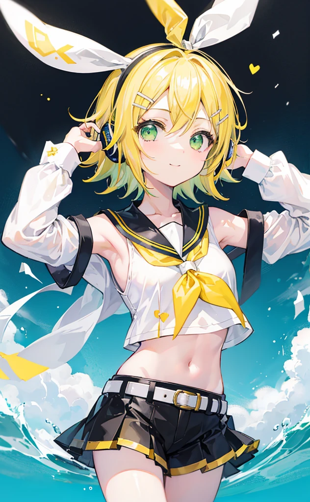 top-quality、super precision、Onegirl、(kagamine_Rin)、Green eyes、Cute  s、Shorthair、White hair ribbon、hair clips、headphones、a blond、a sailor suit、Black shorts、a belt、Yellow neckerchief、Sleeveless、ssmile、High school 、Older sister、white backgrounid  big breast