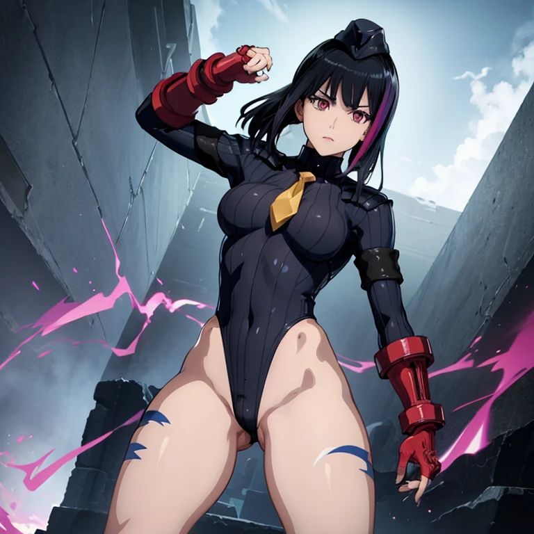 ultra-detailed, Explicit, Beautiful body, Beautiful Nose, Beautiful character design, perfect eyes, perfect face, ultra highres, 4K, beautiful legs, perfect legs, Nice hands, Perfect hand, Masterpiece, Best Quality, Highly detailed, illustration, absurdres, perfect anatomy, street fighter, doll suit, shadaloo doll, dollsuit, expressionless, blank eyes, looking at viewer, red gloves, emotionless, black latex, corrution, mind control, female combatant, full body, hypnotized, unhappy trance, full body suit, ribbed bodysuit, both arms at side, obey, perfect female body, extremely glossy latex, hypnosis, hypnoLora, empty eyes, Mind control device, poses, submissive_pose, Slave, hat, necktie, stand up straight, standing, standing at attention, hat, necktie, belt, latex, ribbed bodysuit, thighhighs, garter belt, Fighting Stance, extending the right arm from the shoulder into the air with a straightened hand, military, thigh boots, 1girl, Solo, rouge redstar, 1girl, long hair, black hair, streaked hair, blunt bangs, pink eyes