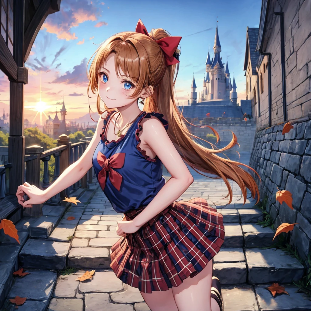reddish-brown blonde、blue hair、blue eyes、ponytail、one good looking girl、solo、anime、Plaid miniskirt、camisole、black t-shirt、Tilting your face、Doing the ribbon、Ribbon at waist、sunset sky、broken stone steps、Remains、tunnel、Fallen leaves、Light and shadow、monster castle、corridor、One leg is raised、pinwheel、castle floating in the air、column、Jewelry box、flag、dust is flying、forest、Hand mirror
