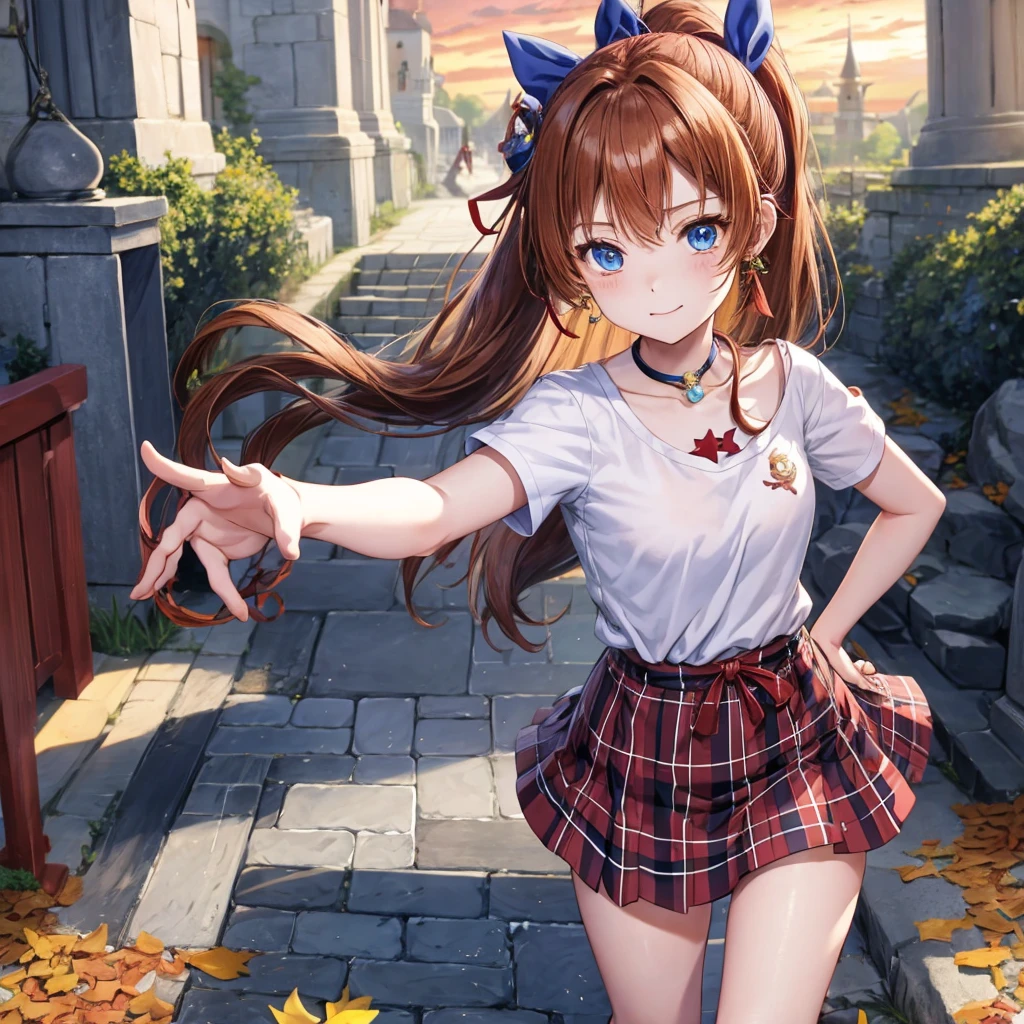 reddish-brown blonde、blue hair、blue eyes、ponytail、one good looking girl、solo、anime、Plaid miniskirt、camisole、black t-shirt、Tilting your face、Doing the ribbon、Ribbon at waist、sunset sky、broken stone steps、Remains、tunnel、Fallen leaves、Light and shadow、monster castle、corridor、One leg is raised、pinwheel、castle floating in the air、column、Jewelry box、flag、dust is flying、forest、Hand mirror