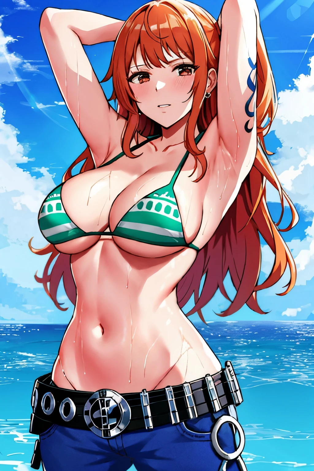 detailed background, masterpiece, 4K, best quality, 늦은 request소년, , wrestler body, 1 woman, Active, energetic, Uppercut, (Big mouth) , alone, Us \(One Piece\), 1 woman, bangle, (Very wet, Drenched in sweat, sweating all over, Very wet hair, tired, breathe, dehisce, exhausted, outcry, Sweaty face, sweaty body, Panting, sweating too much, Glittering sweat, sweaty armpits, trend, hands on hips, Serious, glaring), Perfect, detailed face, Draw bold lines, muscular arms, Detailed and thick arm lines, Flat chin, adultn, wavy wide striped bafloating bangs, (Big cheeks), bare shoulders, off shoulder, belt, bikini, bikini top only, blue sky, bracelet, Elastic breasts, Breast line, Big round eyes, very large brown shiny eyes, foam, 높은 눈 stomach치, split, cloud, afternoon, request, earring, floating hair, shiny hair, green belt, green bikini, Thick groin line, requestpants, bijouterie, medium chest, Log Pose, long hair, looking at viewer, navel, wet hair, Orange hair, pants, shoulder Tattoo, side lock, sky, alone, standing, stomach, swimsuit, Tattoo , looking at viewer, dehisce, Detailed left arm, large forehead, hourglass shape, small head, A toned body, Broad head, wind effect, The Sun Effect, Under the sun, Narrow small ear angle, Previous, 무작stomach 포즈,