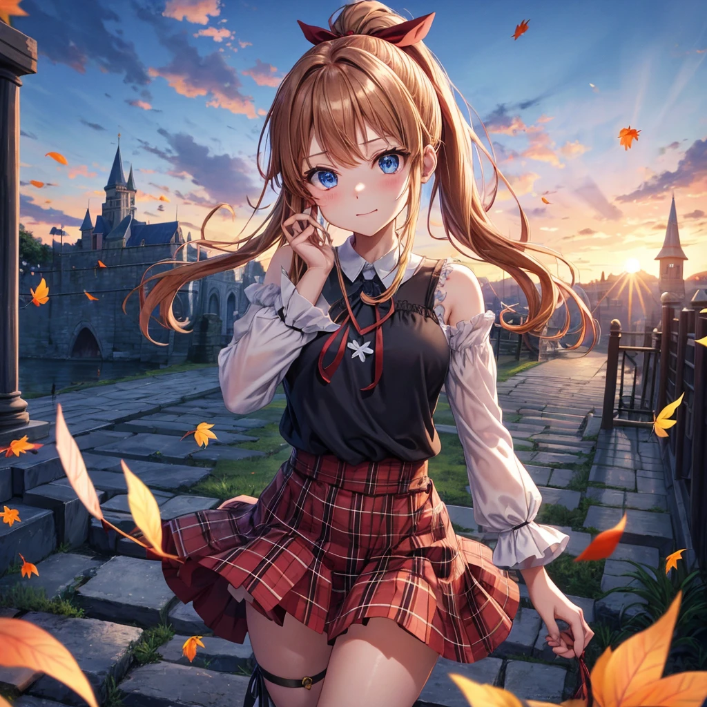 reddish-brown blonde、blue hair、blue eyes、ponytail、one good looking girl、solo、anime、Plaid miniskirt、camisole、black t-shirt、Tilting your face、Doing the ribbon、Ribbon at waist、sunset sky、broken stone steps、Remains、tunnel、Fallen leaves、Light and shadow、monster castle、corridor、One leg is raised、pinwheel、castle floating in the air、column、Jewelry box、flag、dust is flying、forest、Hand mirror
