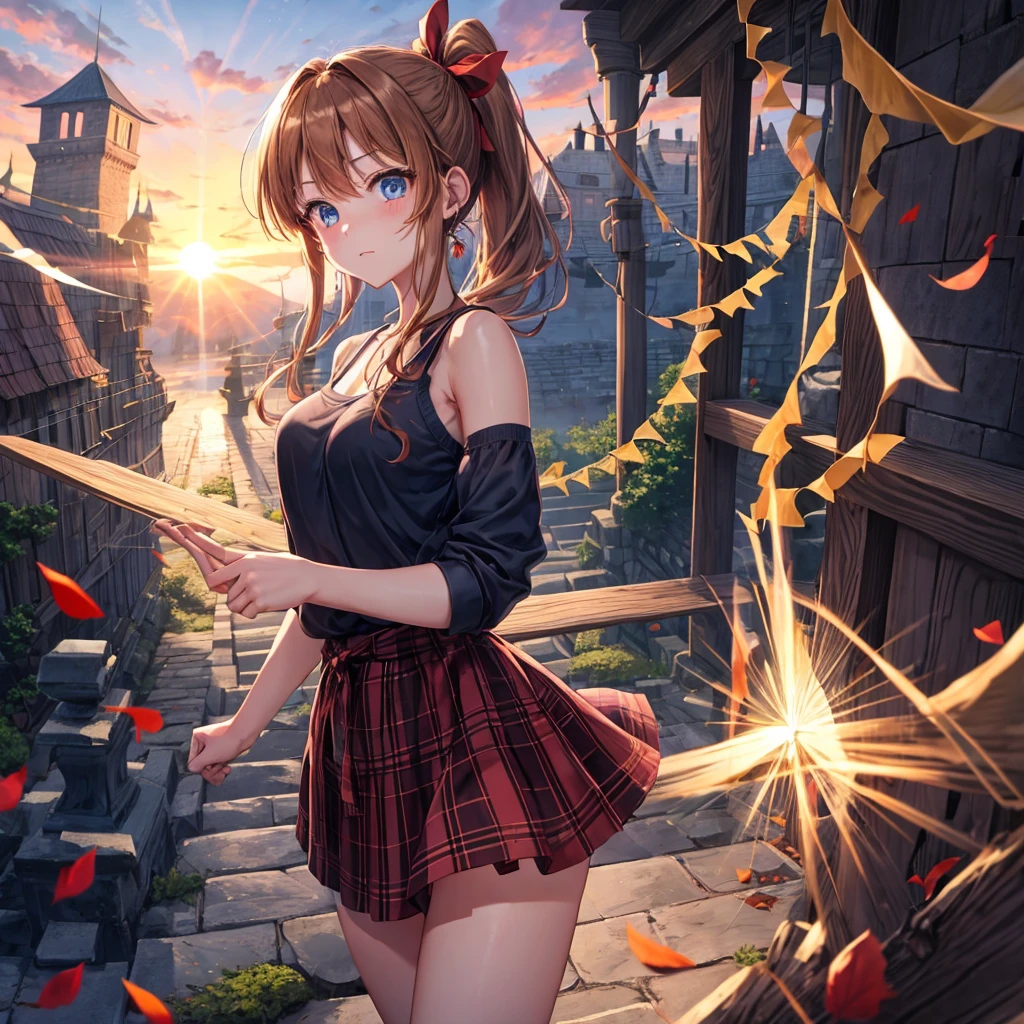 reddish-brown blonde、blue hair、blue eyes、ponytail、one good looking girl、solo、anime、Plaid miniskirt、camisole、black t-shirt、Tilting your face、Doing the ribbon、Ribbon at waist、sunset sky、broken stone steps、Remains、tunnel、Fallen leaves、Light and shadow、monster castle、corridor、One leg is raised、pinwheel、castle floating in the air、column、Jewelry box、flag、dust is flying、forest、Hand mirror