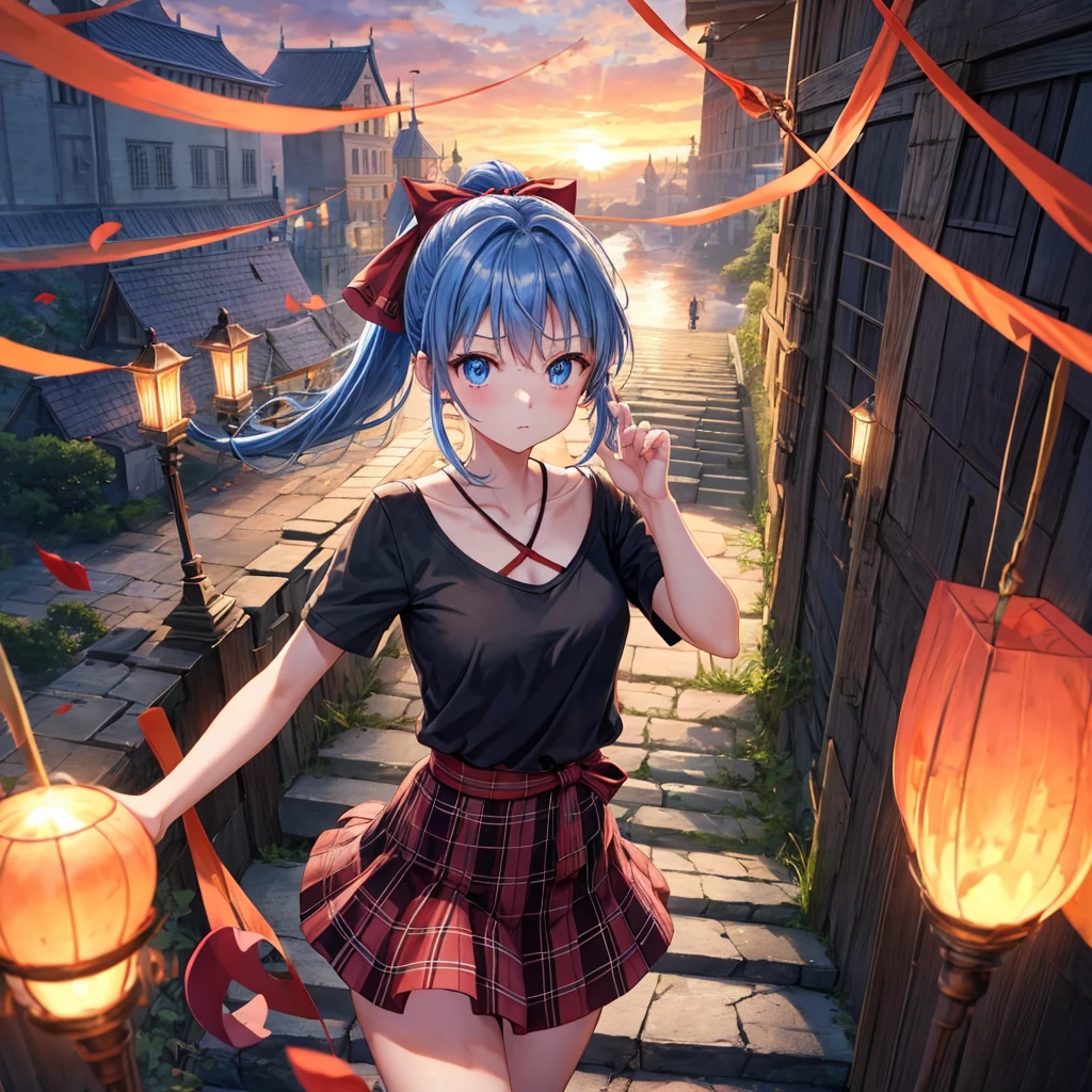 reddish-brown blonde、blue hair、blue eyes、ponytail、one good looking girl、solo、anime、Plaid miniskirt、camisole、black t-shirt、Tilting your face、Doing the ribbon、Ribbon at waist、sunset sky、broken stone steps、Remains、tunnel、Fallen leaves、Light and shadow、monster castle、corridor、One leg is raised、pinwheel、castle floating in the air、column、Jewelry box、flag、dust is flying、forest、Hand mirror