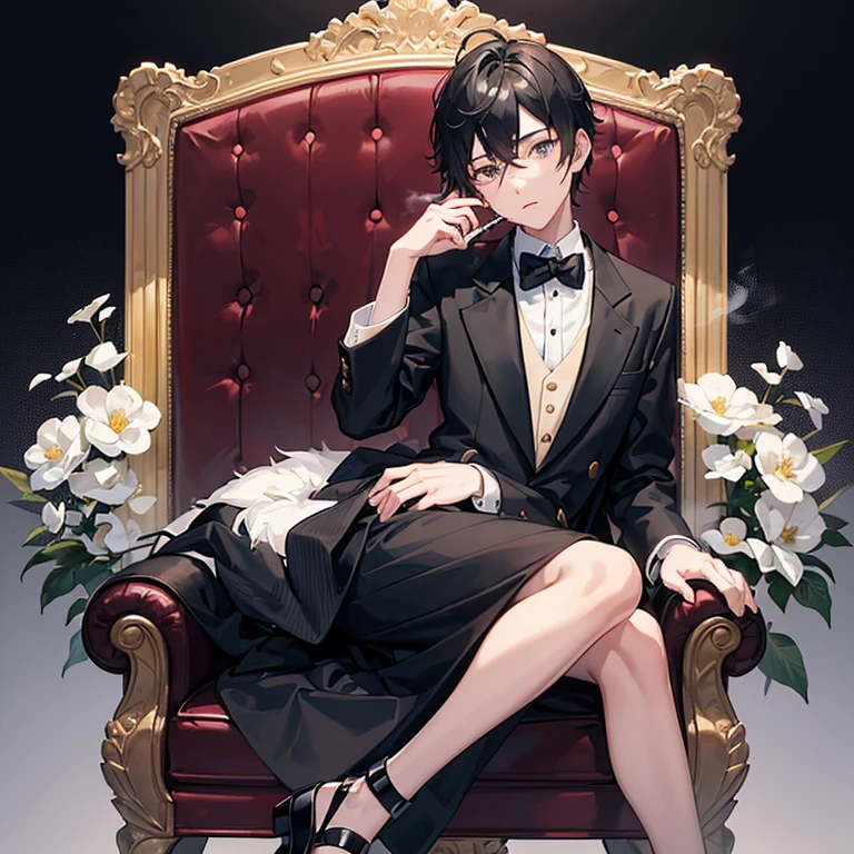 A boy is sitting on a proud chair, wearing a black jacket and a black gingham card and a black frame. He wears beautiful shoes with white flowers and a white head. In the background, the words Ko Sitt are written in red LED lights. The boy is smoking a cigarette.Realistic, 4k quality photo