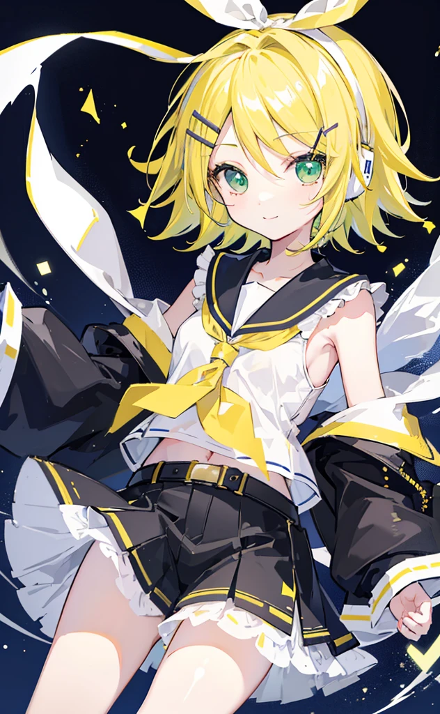 top-quality、super precision、Onegirl、(kagamine_Rin)、Green eyes、Cute s、Shorthair、White hair ribbon、hair clips、headphones、a blond、a sailor suit、Black shorts、a belt、Yellow neckerchief、Sleeveless、ssmile、High school students、Older sister、white backgrounid big 眼睛