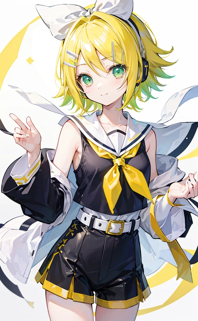 top-quality、super precision、Onegirl、(kagamine_Rin)、Green eyes、Cute s、Shorthair、White hair ribbon、hair clips、headphones、a blond、a sailor suit、Black shorts、a belt、Yellow neckerchief、Sleeveless、ssmile、High school students、Older sister、white backgrounid big breast 眼睛