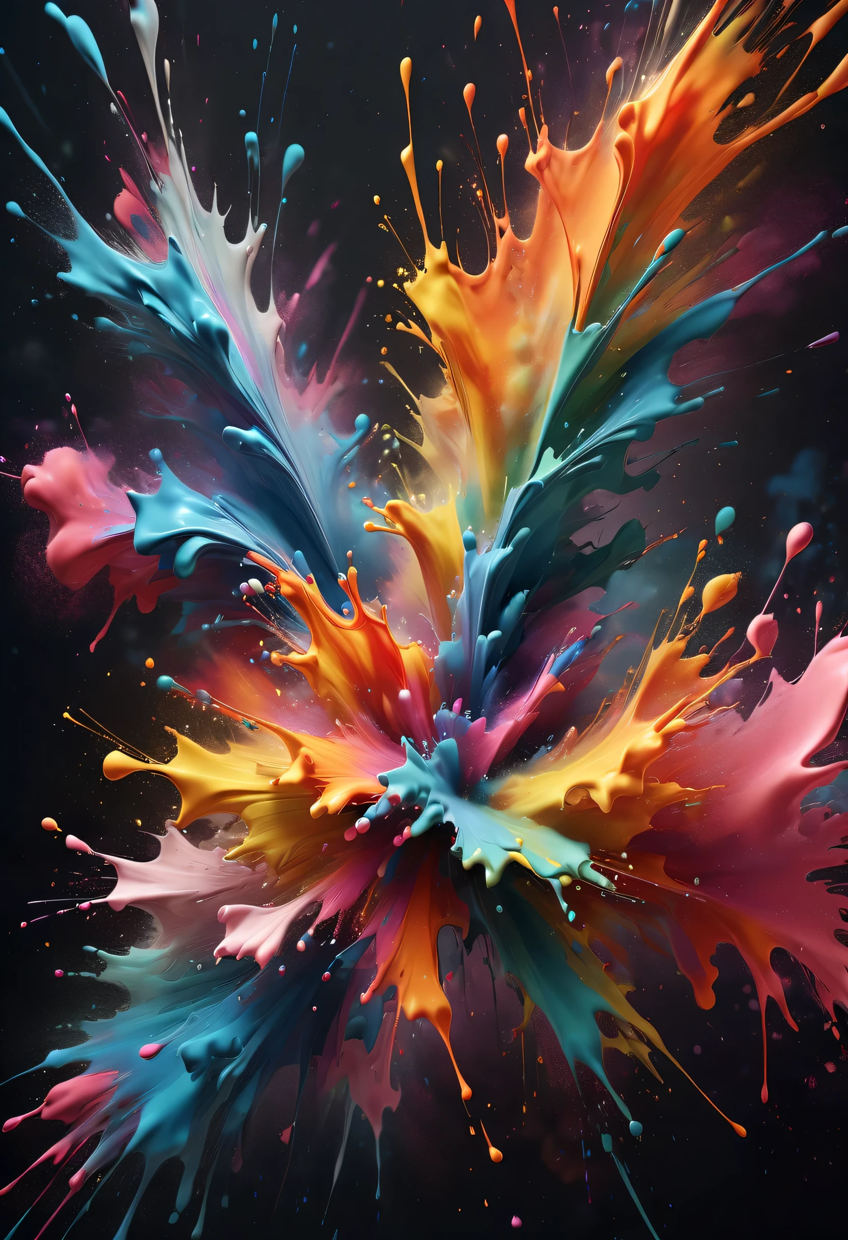 (best picture quality,4K,8k,HD,masterpiece:1.2),Super detailed,(lifelike,lifelike,lifelike:1.37)。Creative wallpaper design,extremely beautiful,like fireworks,(((ink splatter:1.5,Art splashes))),(((ink splatter效果:1.37,splatted paint:1.37.Colorful paint splash,paint splatter background,)))Energetic movement,Dynamic and powerful abstract art,colorful,propylene,Vivid rainbow hues,Joyful and lively atmosphere,Bright orange,pink,Whimsical and dreamy,spontaneous splash,bold color contrast。dark background