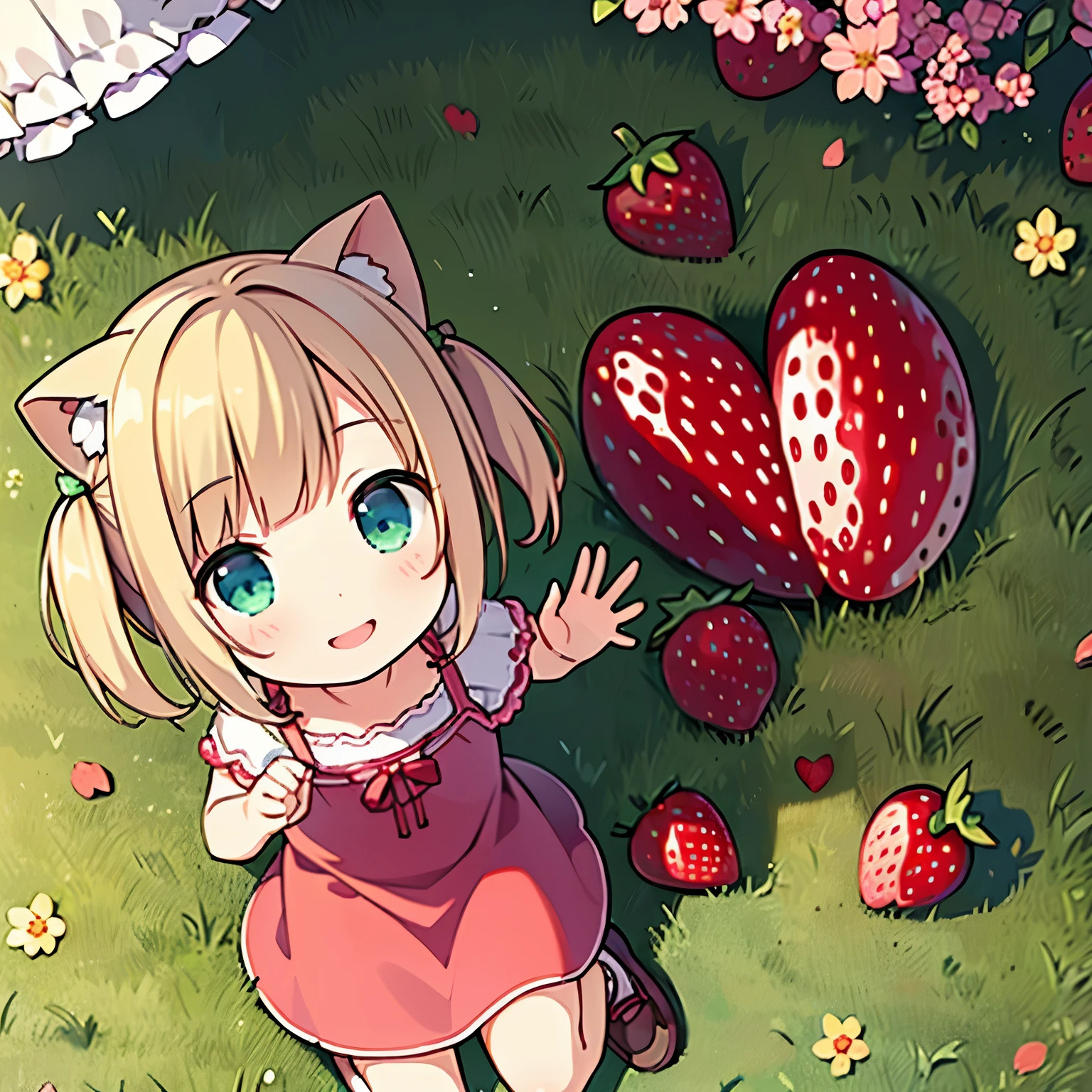 (photorealistic:1.37)、octane rendering、Morning park、Strawberry dress、Girl has twin tail hairstyle and smiles、strawberries fall from the sky、Bright colors、soft sunlight、beautiful flower、green grass、playful atmosphere、peaceful environment、detailed texture、Bright colors、cute shoes with accessories、He looks happy