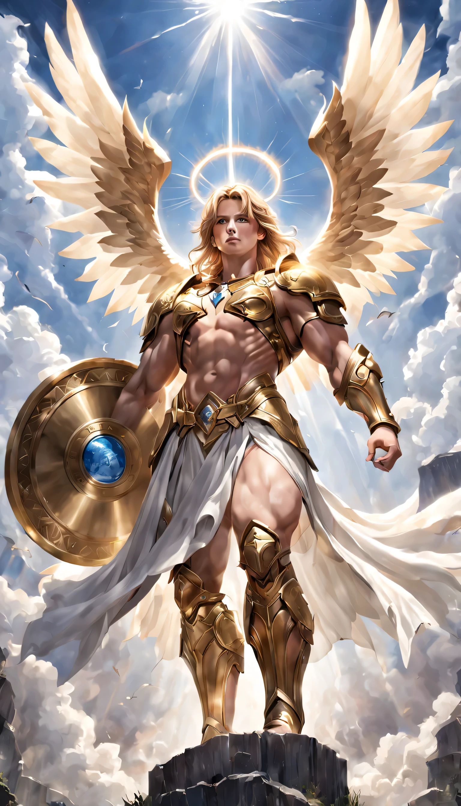 (best quality,4k,8k,highres,masterpiece:1.2),ultra-detailed,(realistic,photorealistic,photo-realistic:1.37),magnificent angelic wings,divine light,holy presence,sacred aura,powerful guardian,celestial figure,angelic visage,powerful armor,gleaming shield,ornate sword,symbol of strength and protection,golden halo,determined expression,piercing eyes,fierce countenance,heavenly background,ethereal atmosphere,gallant stance,vibrant colors,heavenly rays,solemn and majestic,purity and righteousness,valiant defender,divine intervention,exquisite details,muscular physique,heroic figure,pinnacle of artistry,spiritual significance,uplifting and inspiring,legendary hero,heroic deeds,victory and triumph,divine guidance,saintly presence,protective embrace,soaring through the heavens,battle-ready warrior,commanding presence,guardian angel looking over soldiers,blessing and courage,dark and ominous undertones.