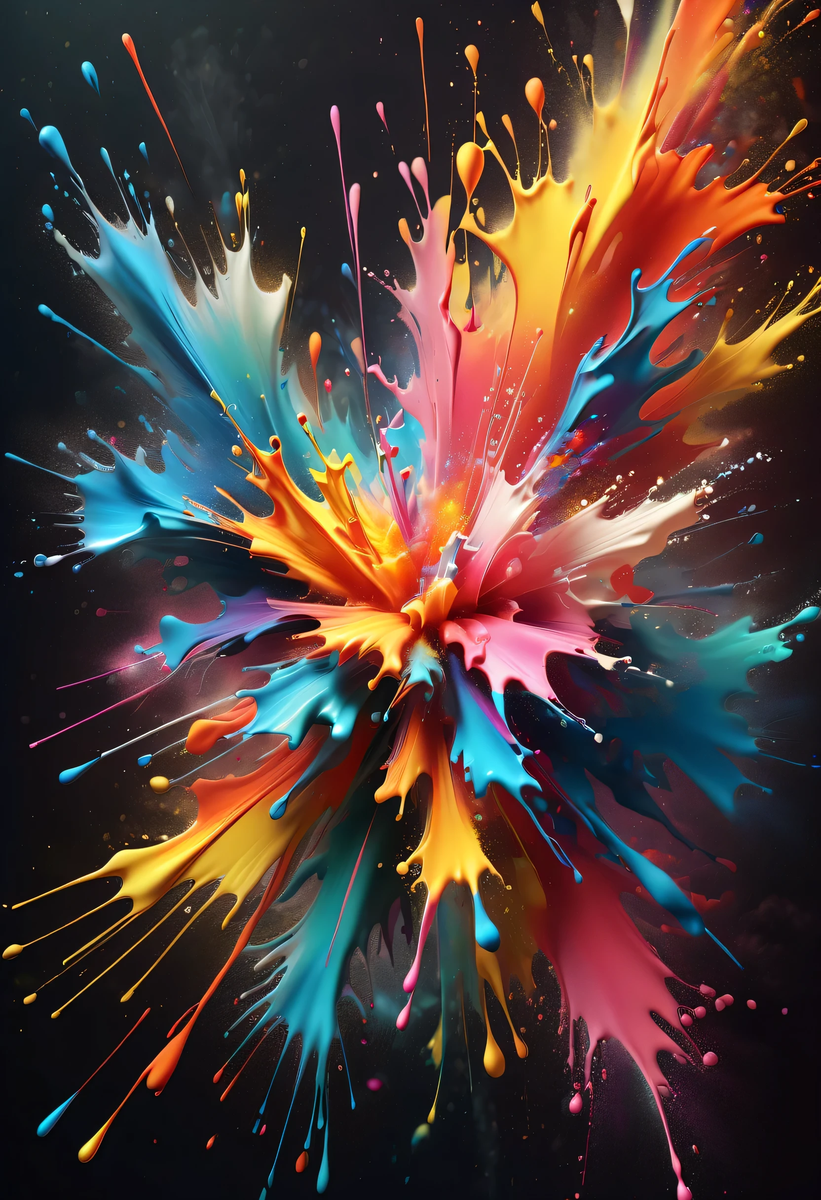 (best picture quality,4K,8k,HD,masterpiece:1.2),Super detailed,(lifelike,lifelike,lifelike:1.37)。Creative wallpaper design,extremely beautiful,like fireworks,(((ink splatter:1.5,Art splashes))),(((ink splatter效果:1.37,splatted paint:1.37.Colorful paint splash,paint splatter background,)))Energetic movement,Dynamic and powerful abstract art,colorful,propylene,Vivid rainbow hues,Joyful and lively atmosphere,Bright orange,pink,Whimsical and dreamy,spontaneous splash,bold color contrast。dark background