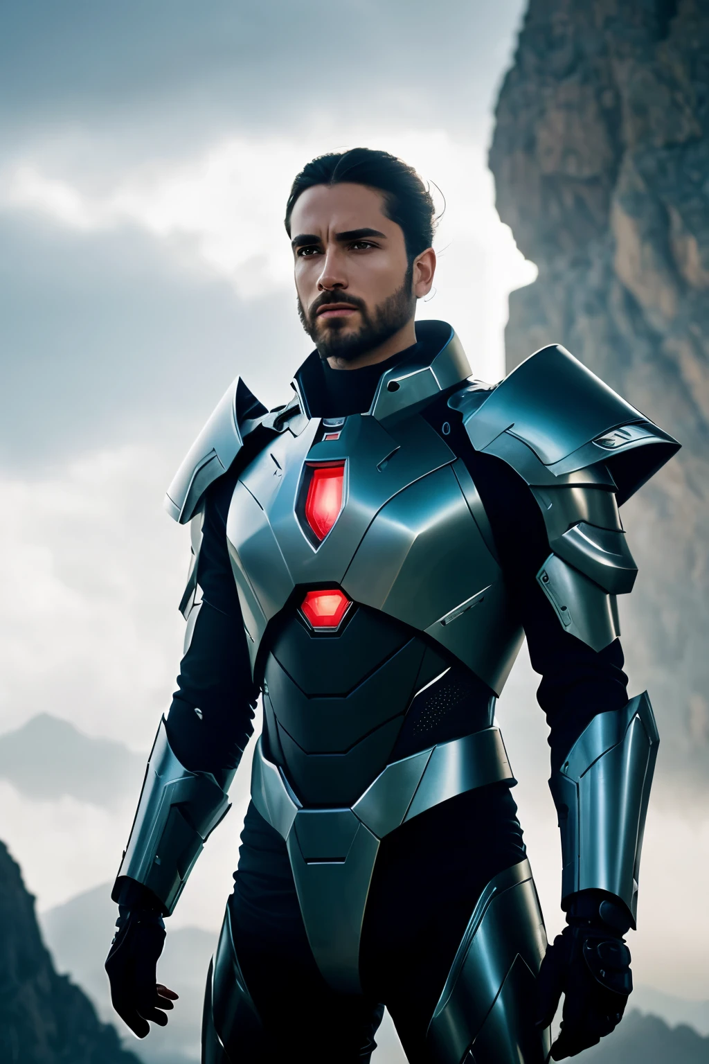 Divine figure of Jesus, advanced battle suit, futuristic armor, high-tech weapons, hyper-realistic photography, dramatic lighting, head and shoulder portrait, cover, sharp focus, intriguing contrast, otherworldly aura, detailed texture, radiant halos, sfumato effects, nuanced shading, futuristic landscape, mysterious background, reverential atmosphere.
Imagery of the Savior, clad in a technologically advanced battle suit, showcasing intricate designs and state-of-the-art protection, wielding high-tech weapons of remarkable power. Standing against a backdrop of a futuristic landscape, the disconcerting juxtaposition of